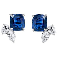 7.56 carat Cushion Blue Sapphire (H) and Diamond Platinum Earrings