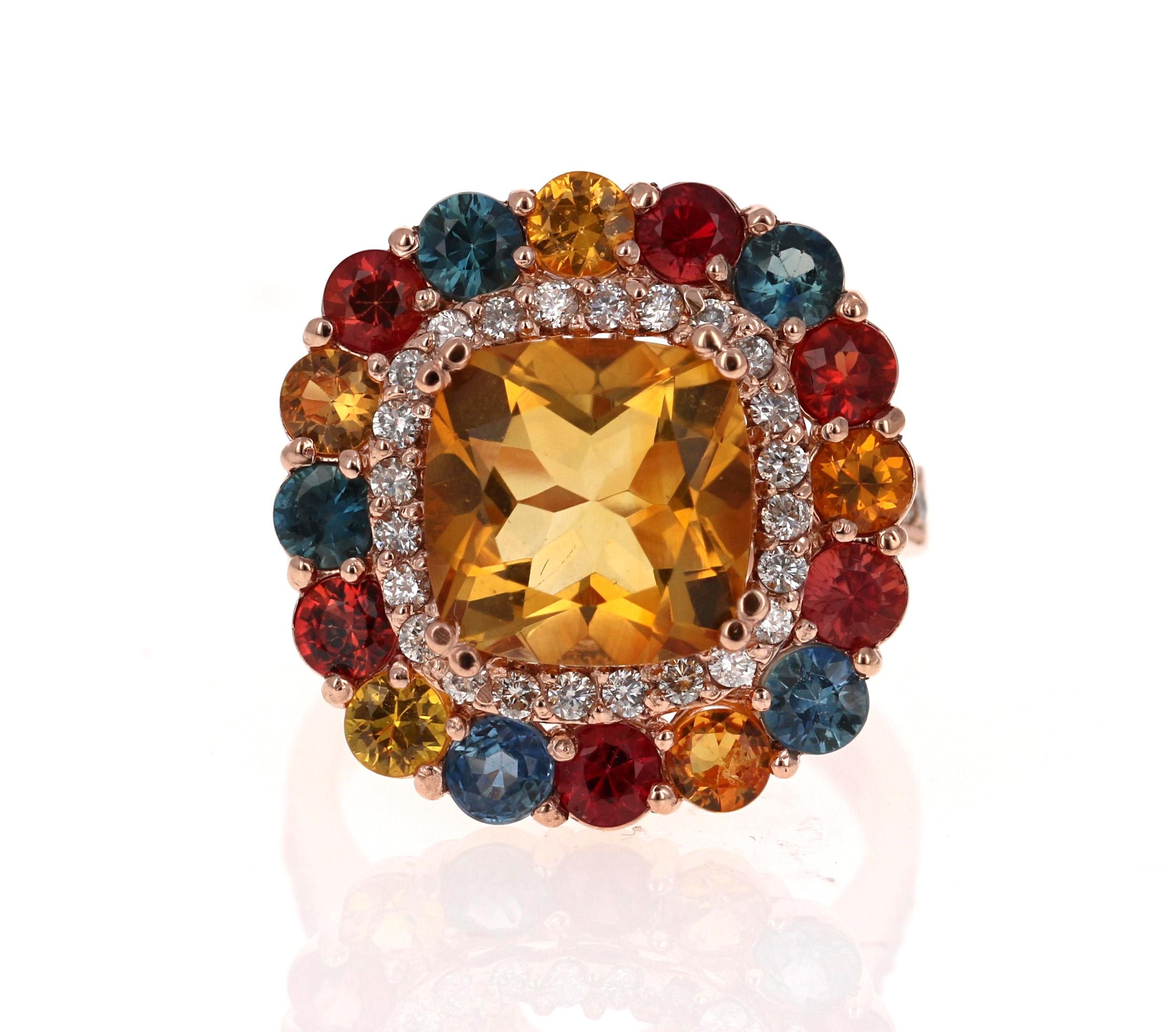 Citrine Quartz, Multi-Colored Sapphires and Diamond Cocktail Ring!   A beautiful and sparkly combination of colorful beauty!

This one of a kind piece has been carefully designed and curated by our in house designer!

This ring has a vibrant Cushion