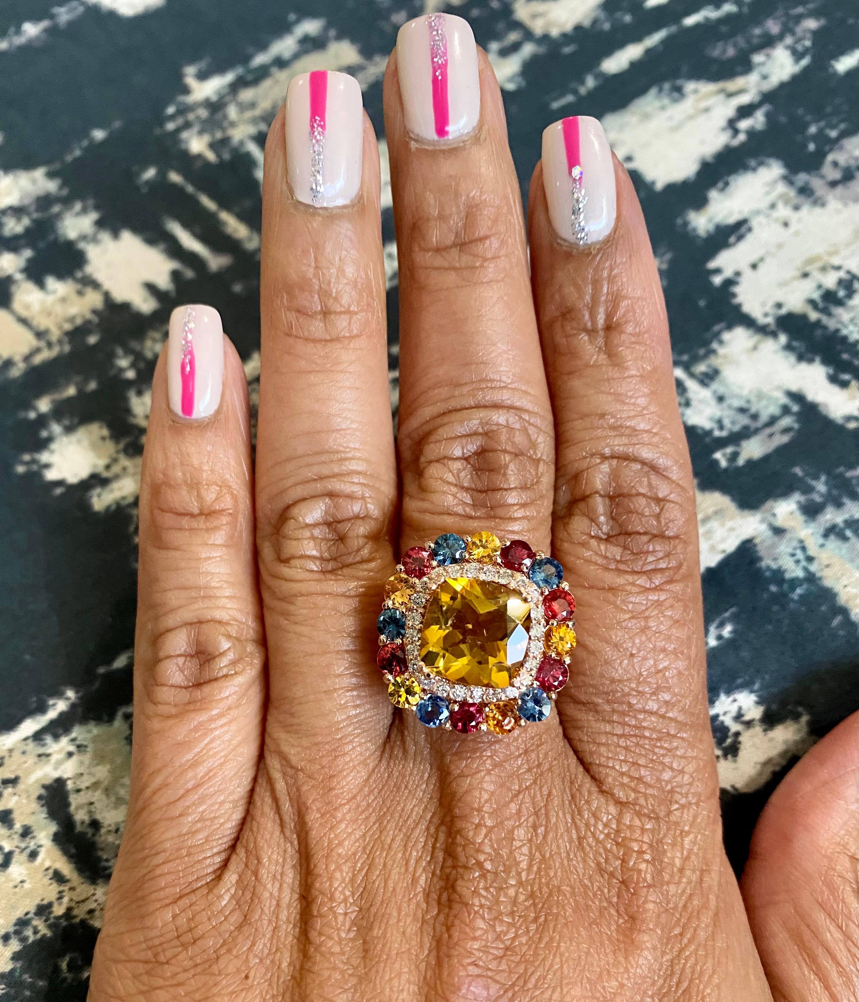 7.56 Carat Citrine Sapphire Diamond 14K Rose Gold Cocktail Ring In New Condition In Los Angeles, CA