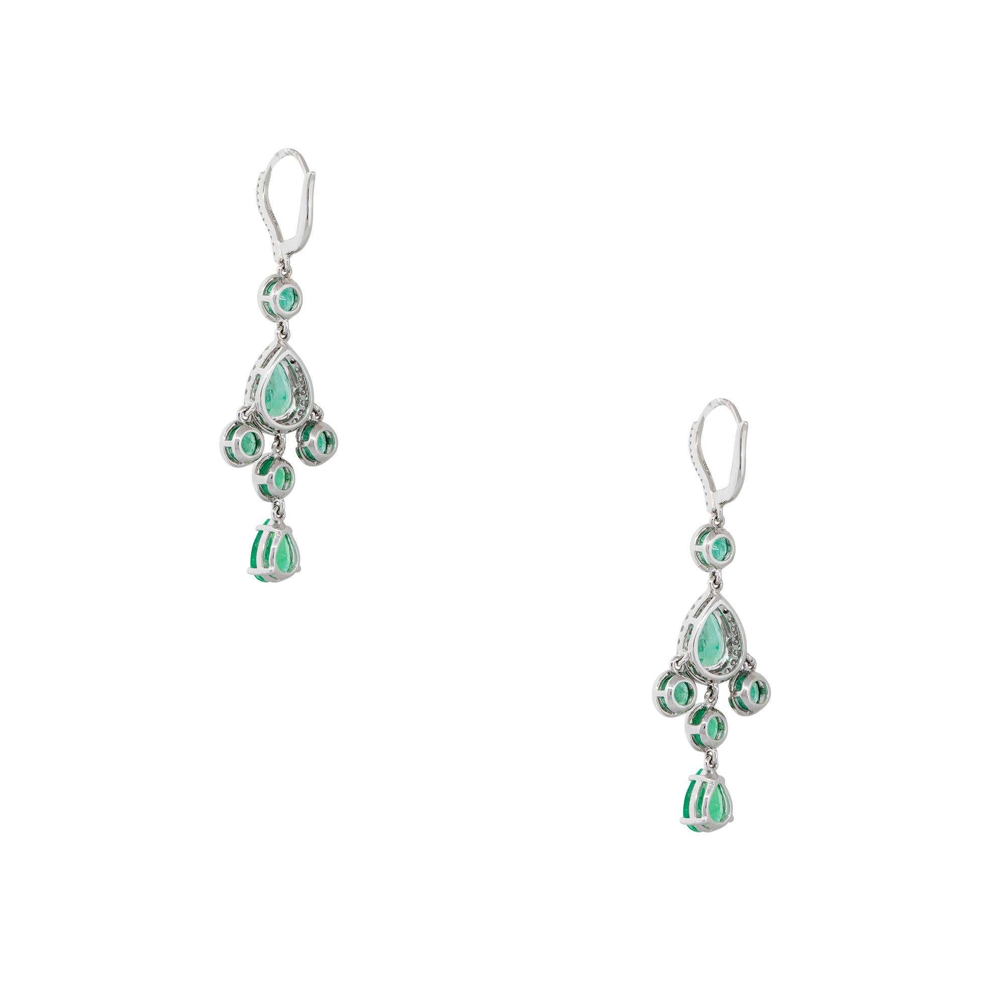 Round Cut 7.56 Carat Emerald and Diamond Halo Drop Earrings 18 Karat In Stock For Sale