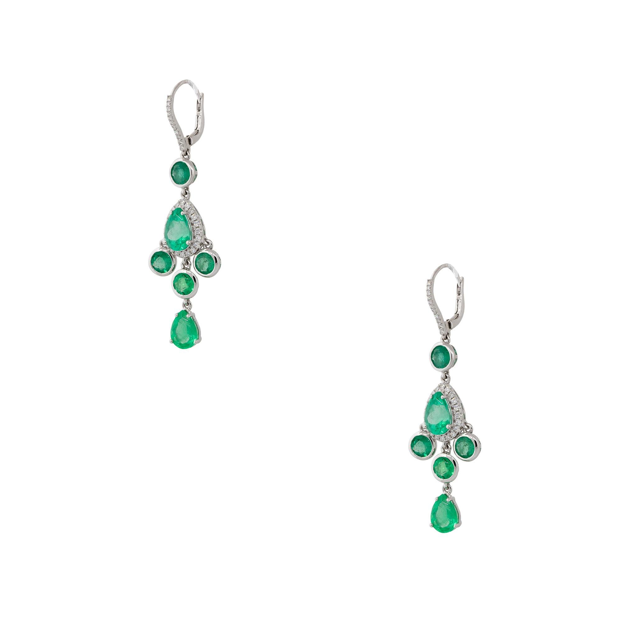 Women's 7.56 Carat Emerald and Diamond Halo Drop Earrings 18 Karat In Stock For Sale