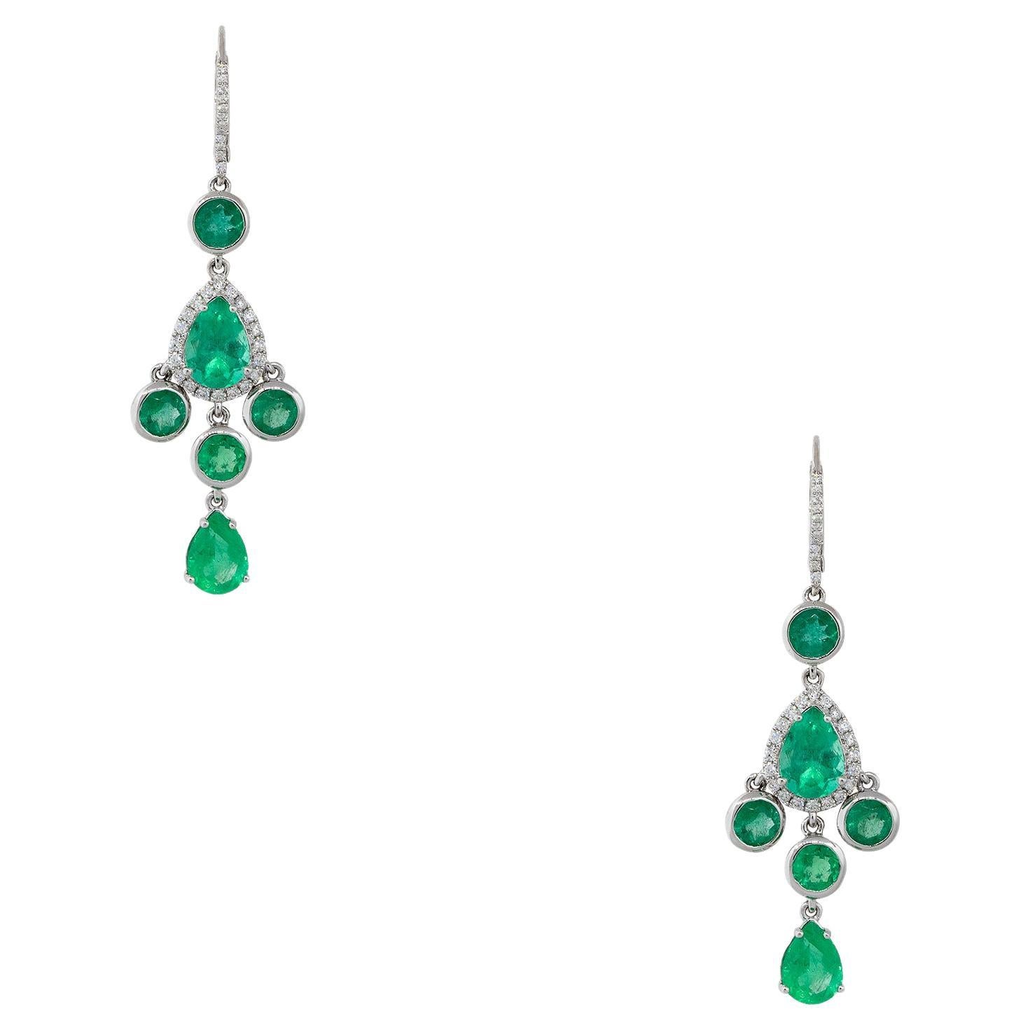 7.56 Carat Emerald and Diamond Halo Drop Earrings 18 Karat In Stock For Sale