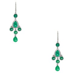 7.56 Carat Emerald and Diamond Halo Drop Earrings 18 Karat In Stock