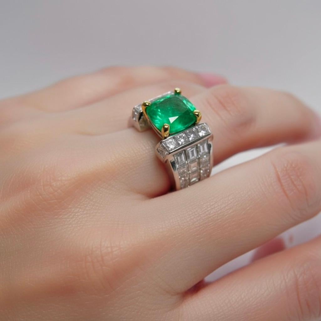 7,56 Karat feiner natürlicher kolumbianischer Smaragd-Diamant-Ring 18K Unisex (Kissenschliff) im Angebot