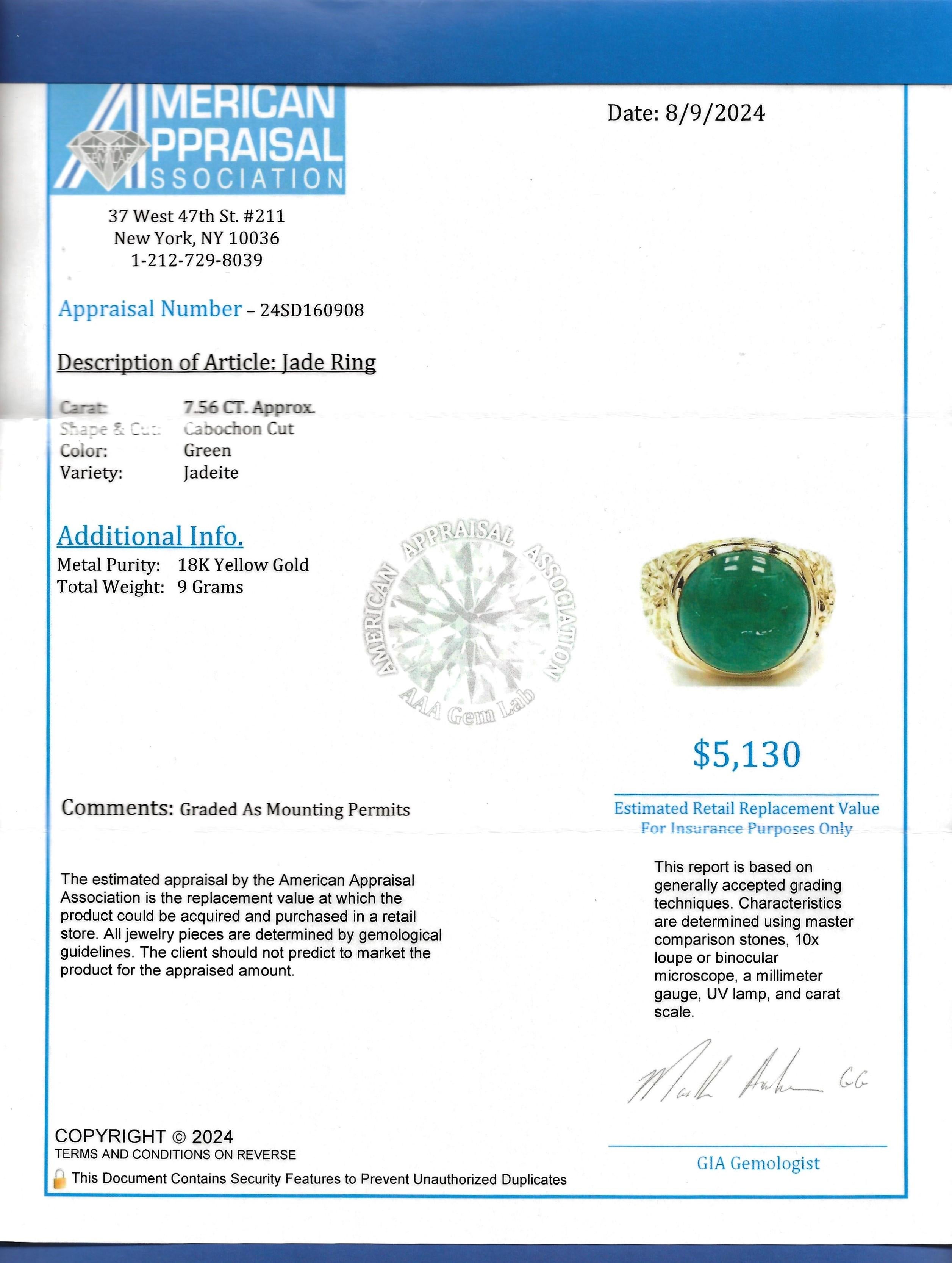 7.56 Carat Green Cabochon Jade Ring with Horse Intaglio in 18 Karat Yellow Gold 5