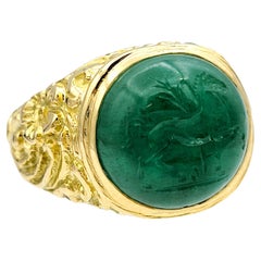 7.56 Carat Green Cabochon Jade Ring with Horse Intaglio in 18 Karat Yellow Gold