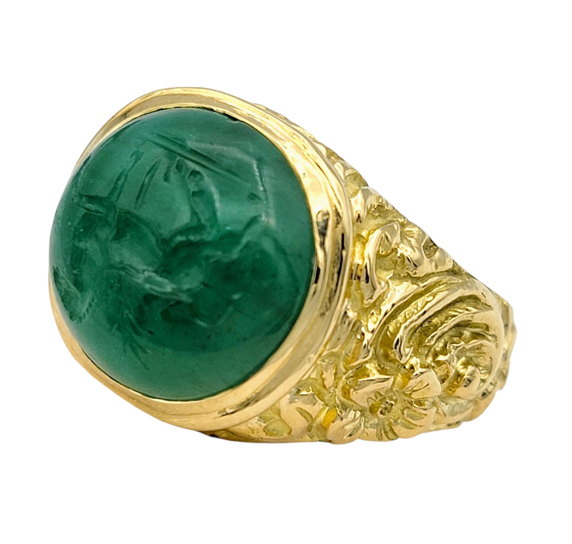 Contemporary 7.56 Carat Green Cabochon Jade Ring with Horse Intaglio in 18 Karat Yellow Gold