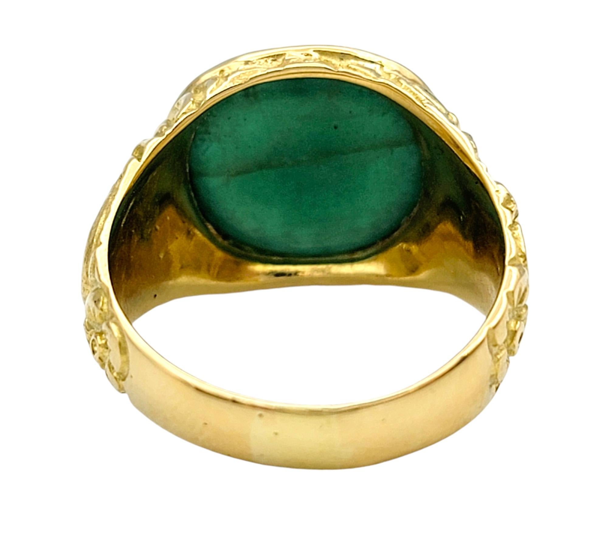 Women's or Men's 7.56 Carat Green Cabochon Jade Ring with Horse Intaglio in 18 Karat Yellow Gold