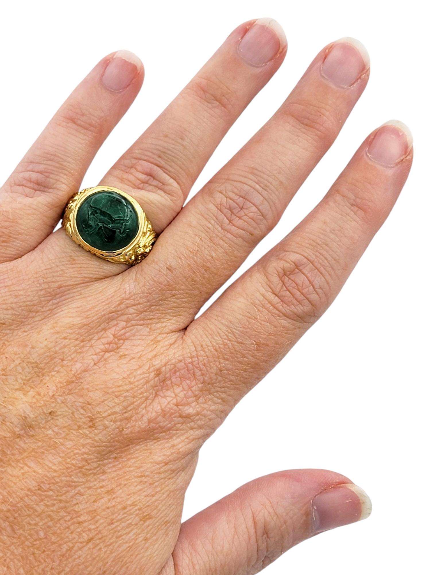 7.56 Carat Green Cabochon Jade Ring with Horse Intaglio in 18 Karat Yellow Gold 1