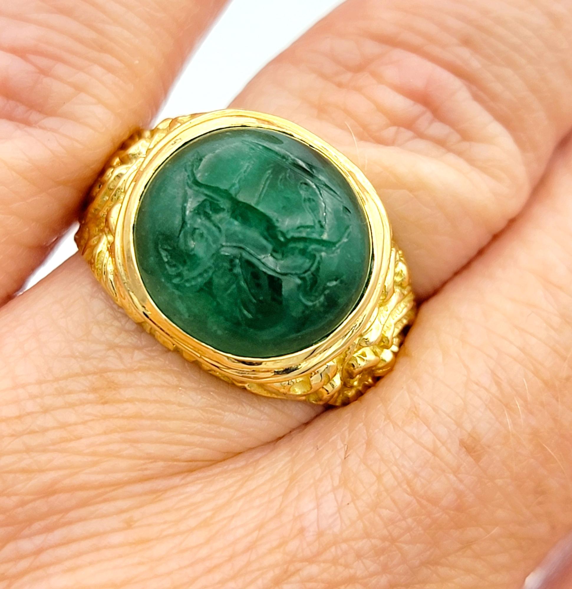 7.56 Carat Green Cabochon Jade Ring with Horse Intaglio in 18 Karat Yellow Gold 2