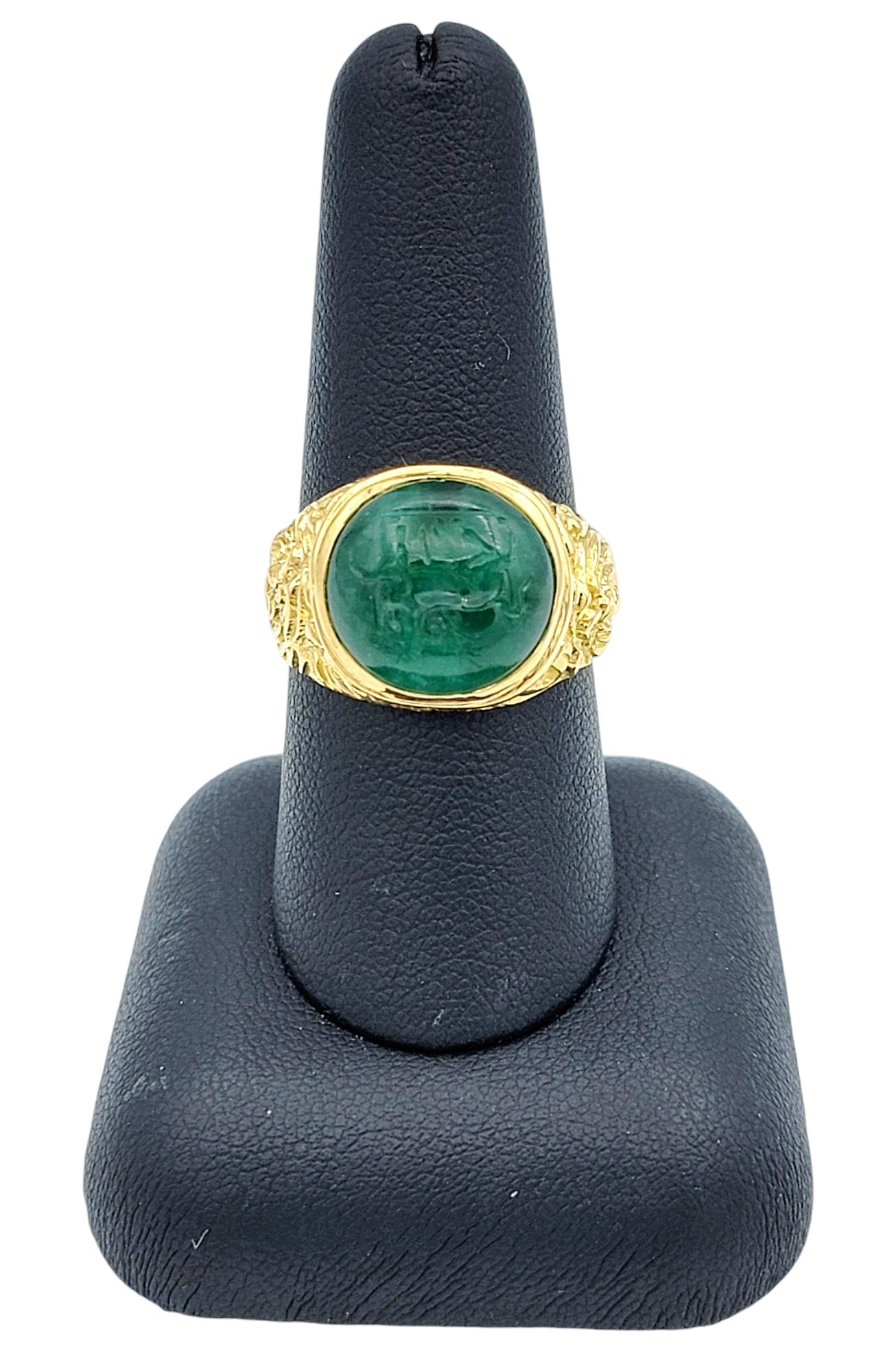 7.56 Carat Green Cabochon Jade Ring with Horse Intaglio in 18 Karat Yellow Gold 3