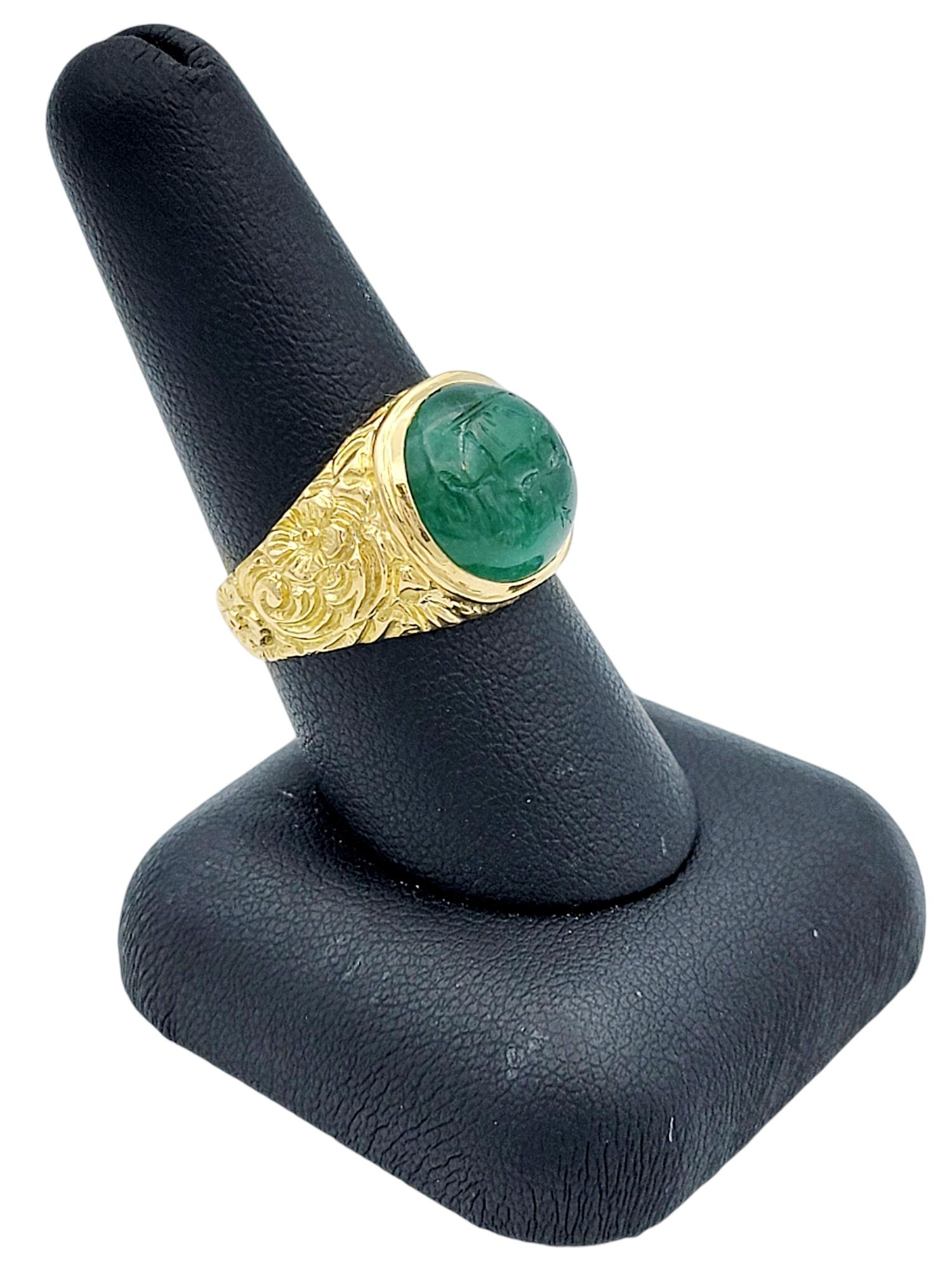 7.56 Carat Green Cabochon Jade Ring with Horse Intaglio in 18 Karat Yellow Gold 4