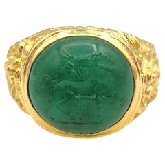 7.56 Carat Green Cabochon Jade Ring with Horse Intaglio in 18 Karat Yellow Gold