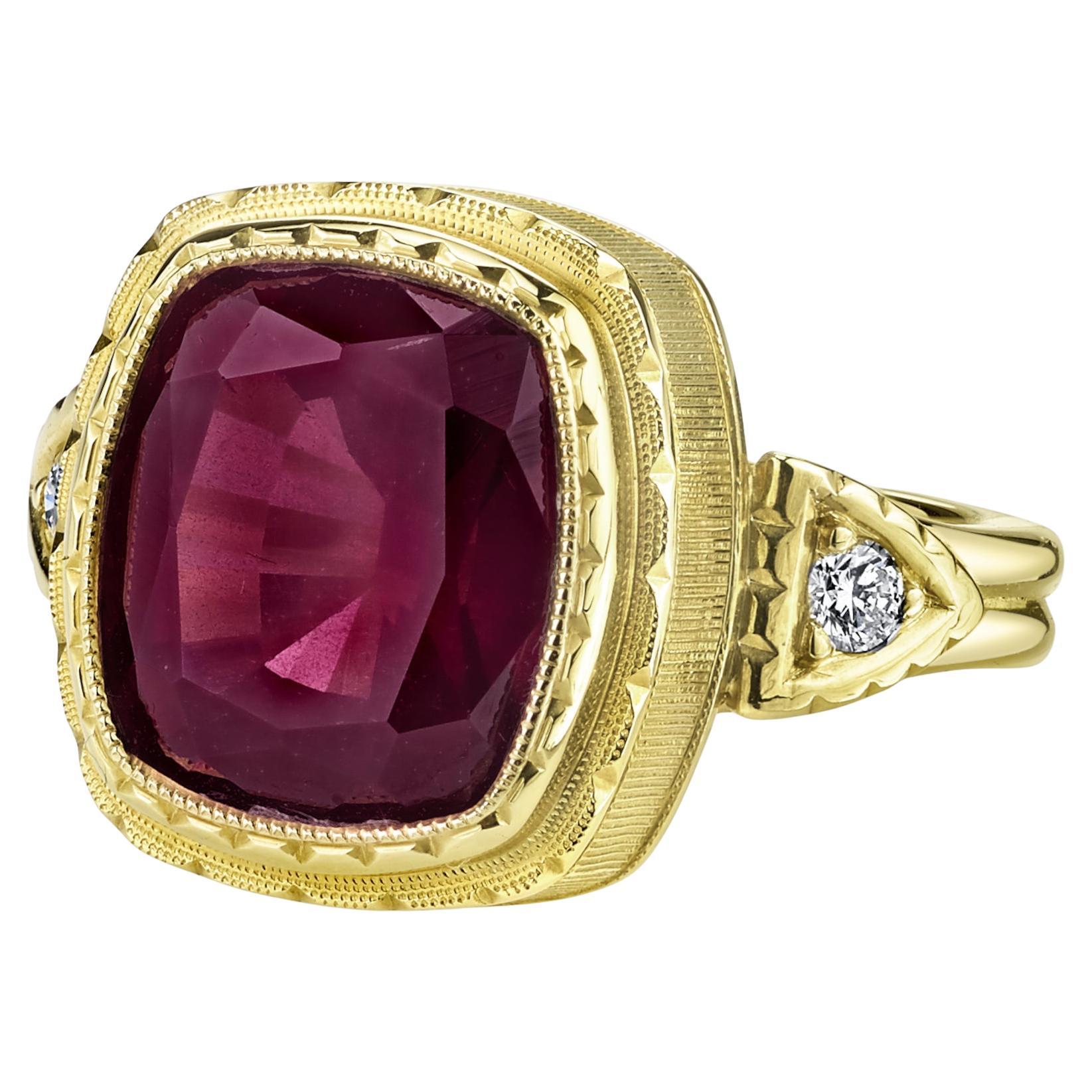 7.56 Carat Rhodolite Garnet and Diamond Band Ring in Engraved 18k Yellow Gold