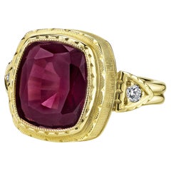 7.56 Carat Rhodolite Garnet and Diamond Band Ring in Engraved 18k Yellow Gold