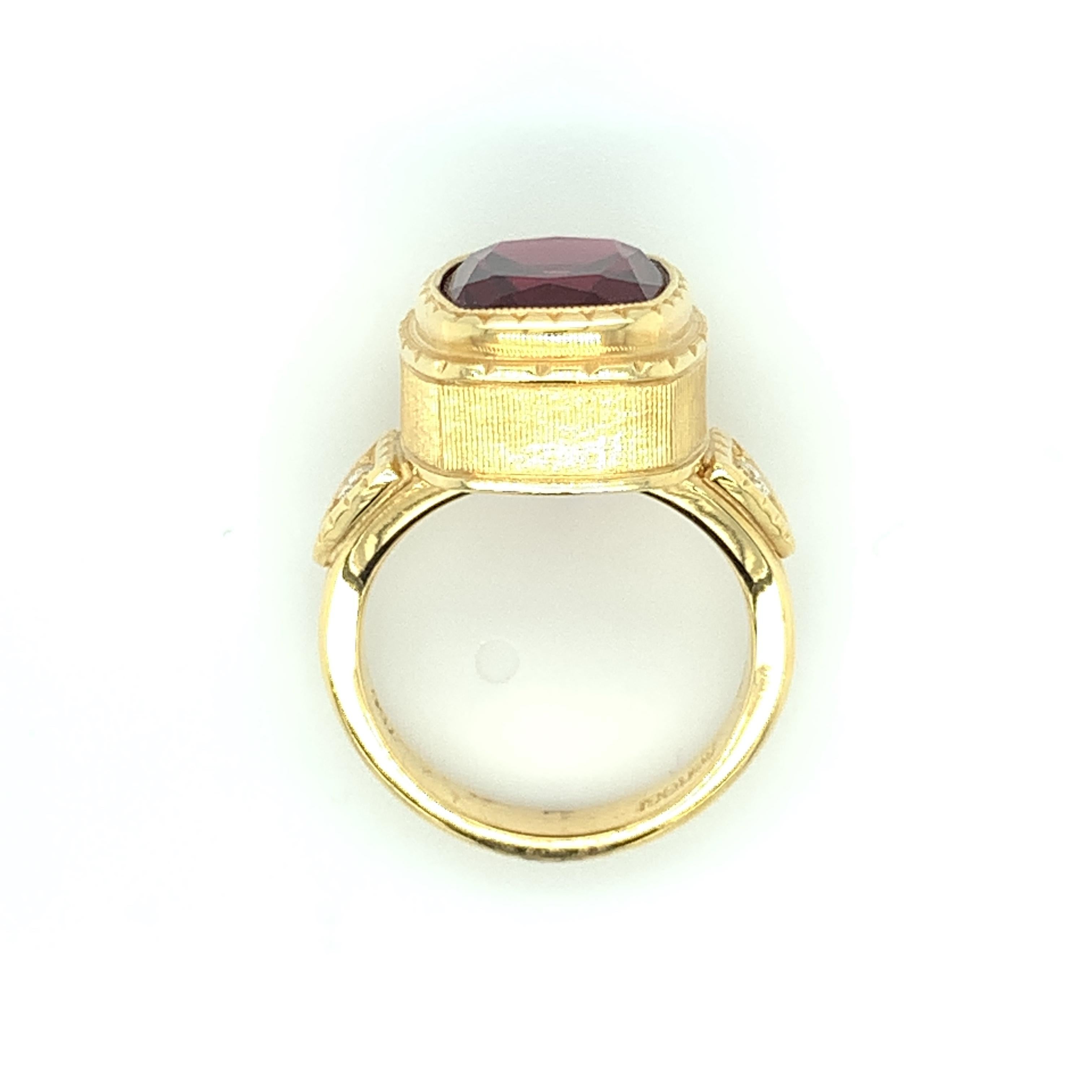 Women's or Men's 7.56 Carat Rhodolite Garnet and Diamond Band Ring in Engraved 18k Yellow Gold For Sale