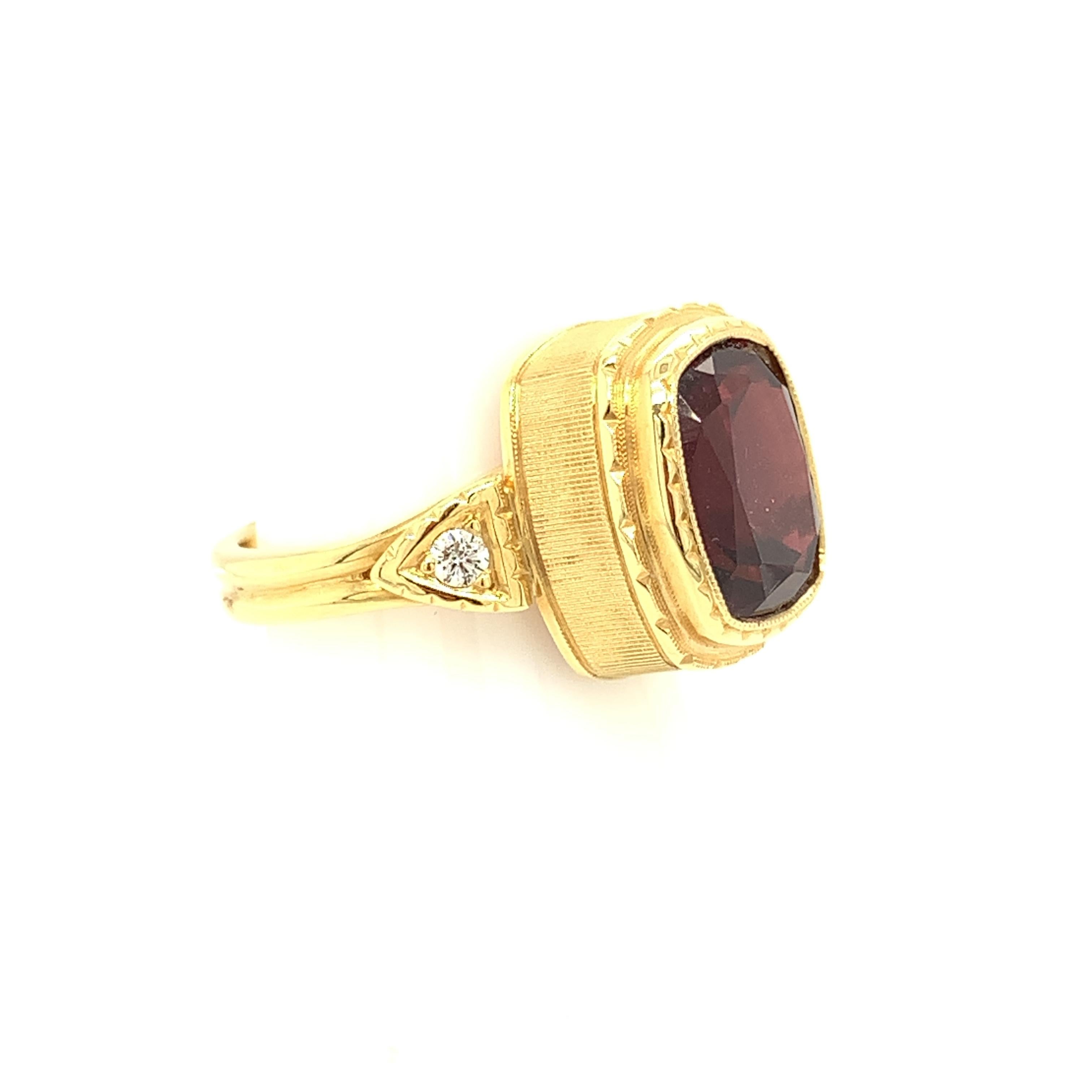 Cushion Cut 7.56 Carat Rhodolite Garnet and Diamond Band Ring in Engraved 18k Yellow Gold For Sale