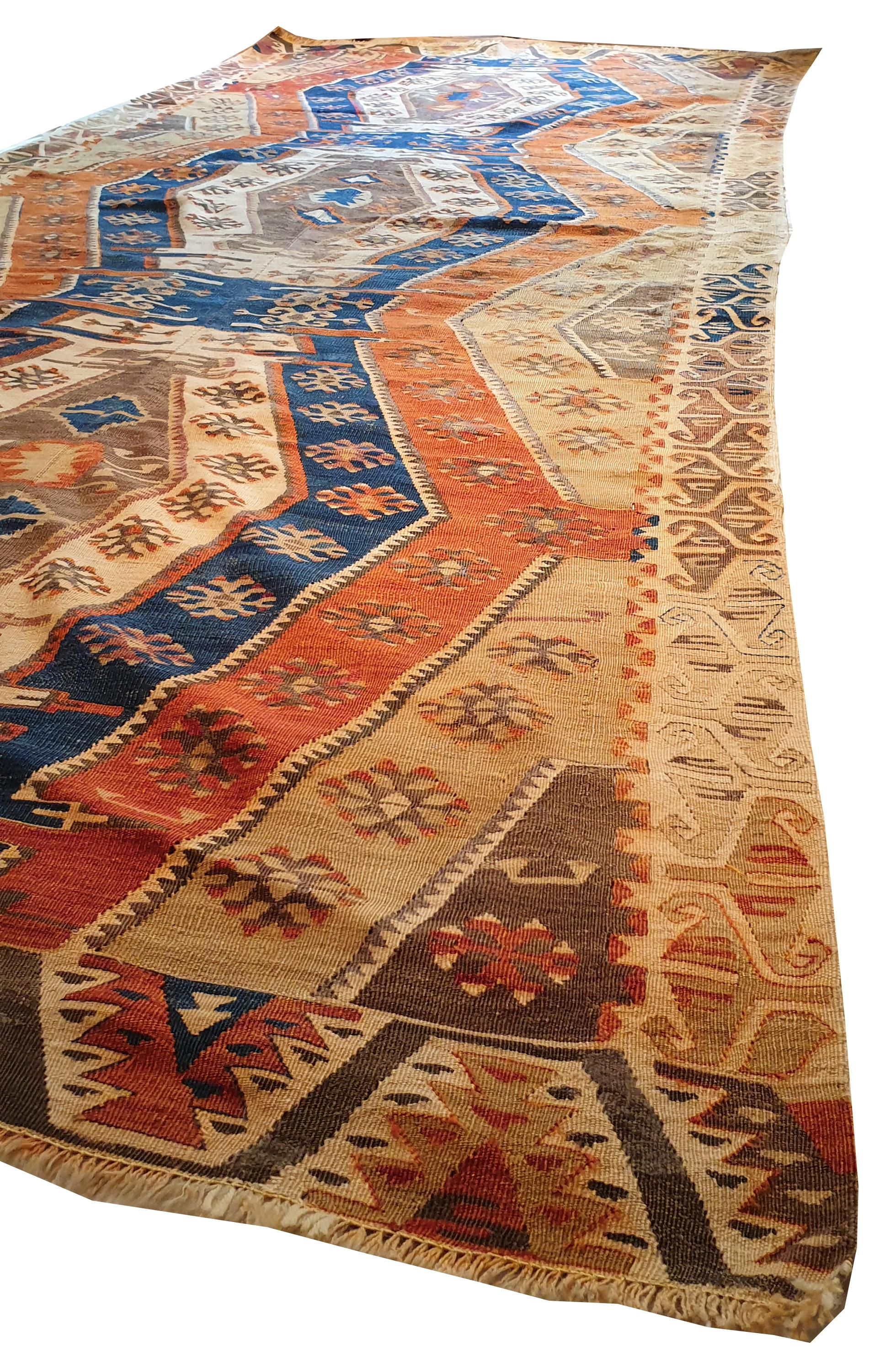 756 - Nice mid 19th century Turkish flat rug or Kilim, with geometric design and pretty colors with red, pink, orange, yellow, blue and gray, completely hand-woven with wool on wool.
