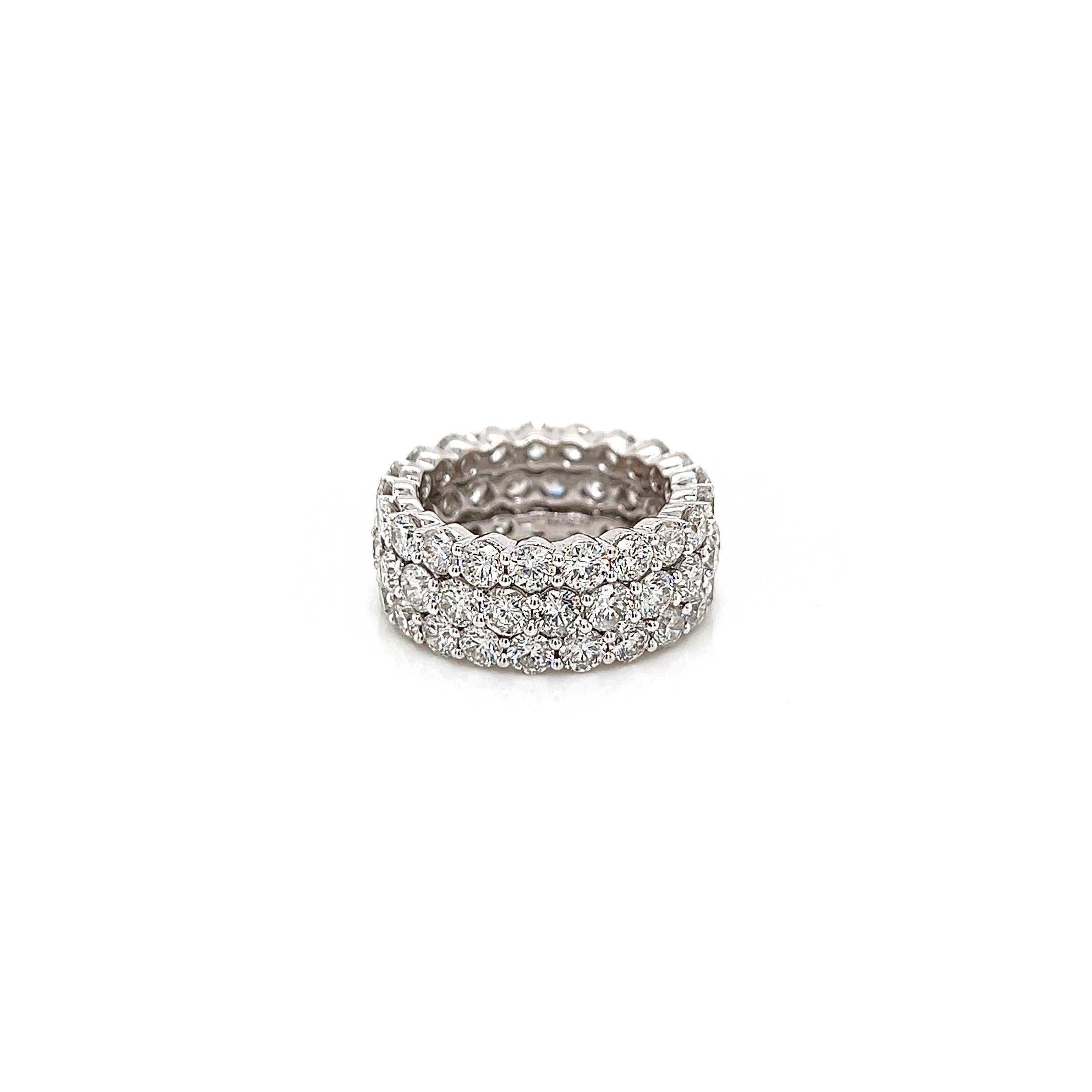 7.56 Total Carat Ladies Prong-Set Diamond Eternity Band

-Metal Type: 18K White Gold
-7.56 Carat Round Natural Diamonds
-F-G Color
-SI1-SI2 Clarity
-Size 6.0

Made in New York City.