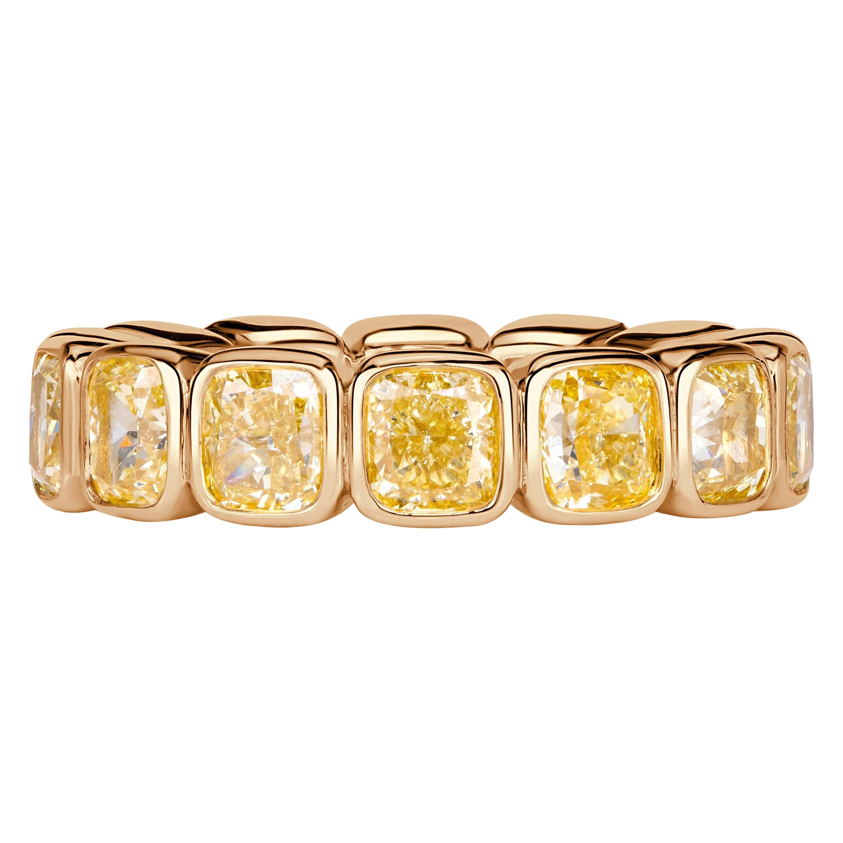 7.56ct Fancy Yellow Cushion Cut Diamond Bezel Set Eternity Band in 18K Yellow