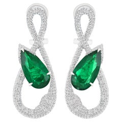  7.56Cts Emerald & Diamond Earring in 18k White Gold for Charismas Gift Earring 