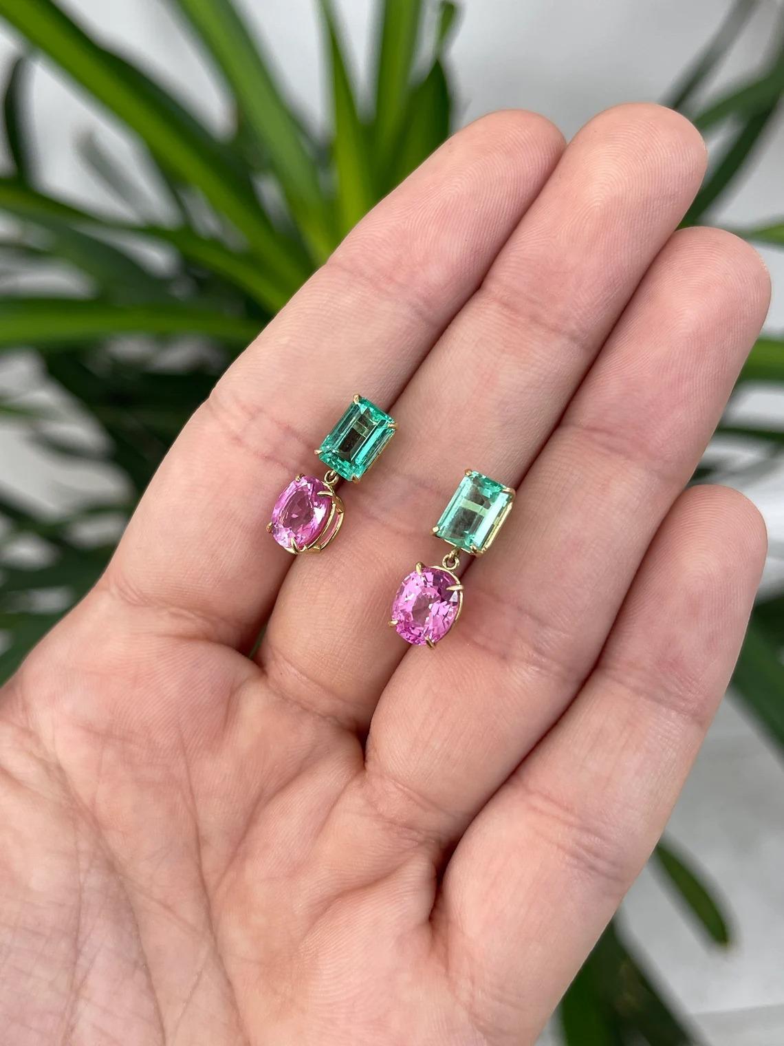 Modern 7.56tcw 18K Colombian Emerald & Pink Sapphire Prong Set Gold Dangle Earrings For Sale