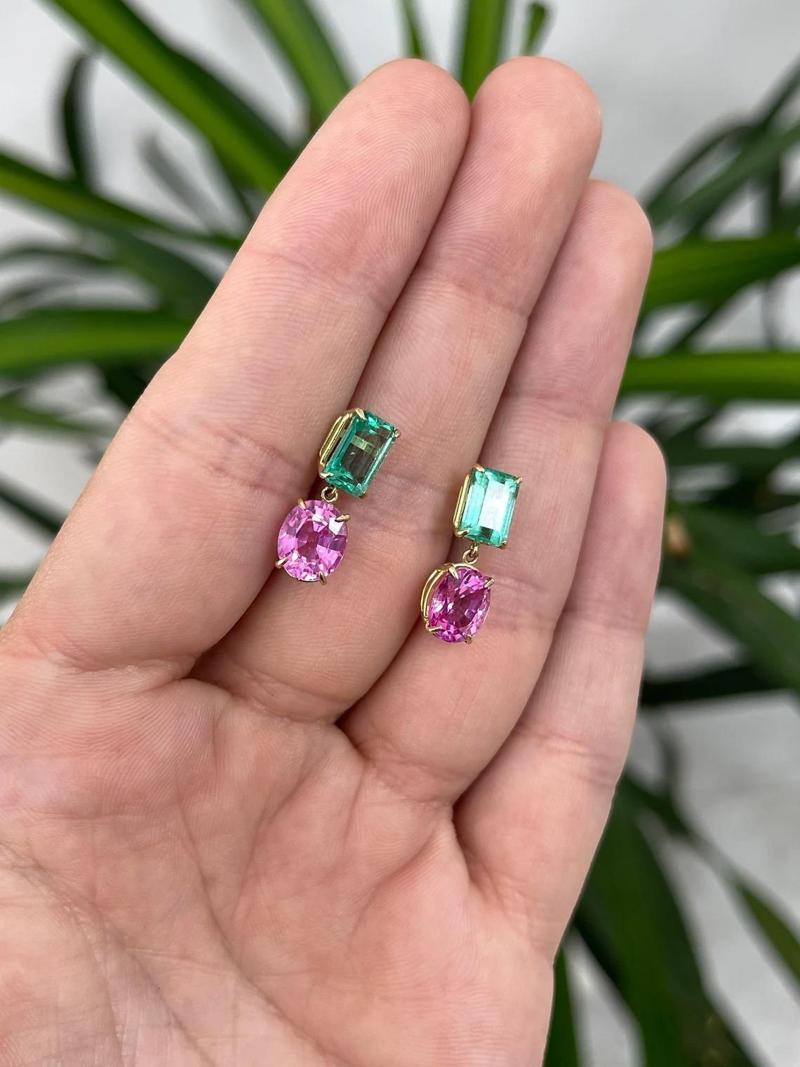 Emerald Cut 7.56tcw 18K Colombian Emerald & Pink Sapphire Prong Set Gold Dangle Earrings For Sale