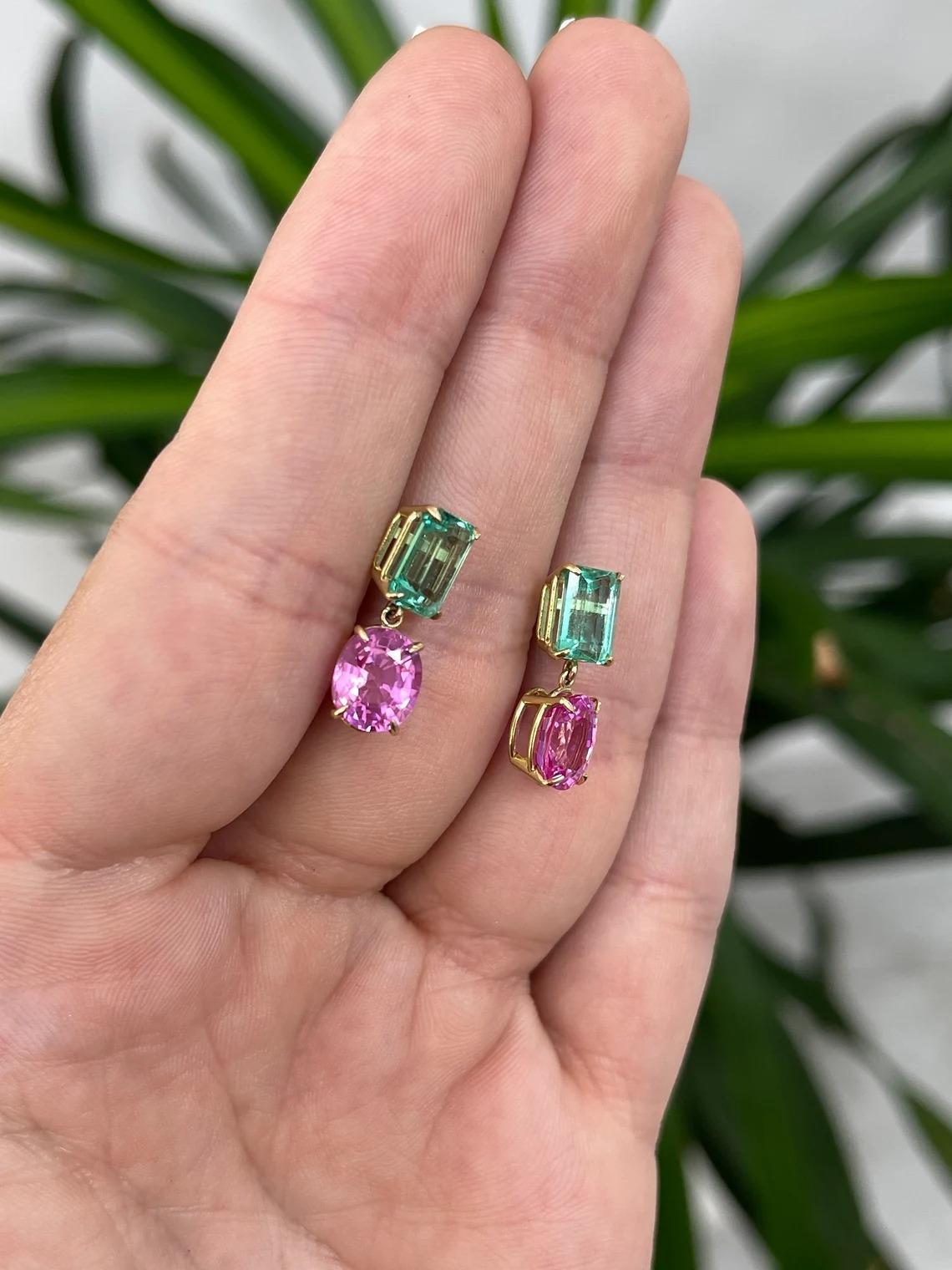 7.56tcw 18K Colombian Emerald & Pink Sapphire Prong Set Gold Dangle Earrings In New Condition For Sale In Jupiter, FL