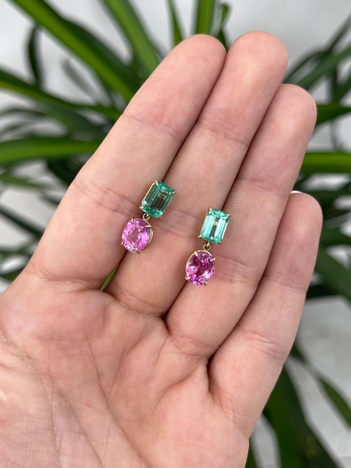 Women's 7.56tcw 18K Colombian Emerald & Pink Sapphire Prong Set Gold Dangle Earrings For Sale