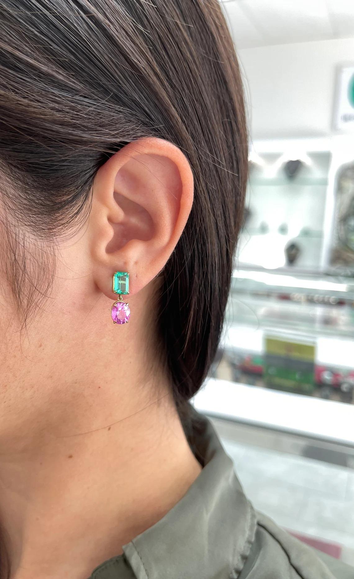 7.56tcw 18K Colombian Emerald & Pink Sapphire Prong Set Gold Dangle Earrings For Sale 1