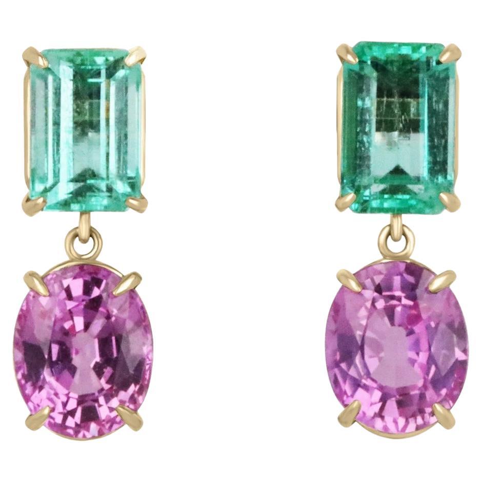 7.56tcw 18K Colombian Emerald & Pink Sapphire Prong Set Gold Dangle Earrings For Sale