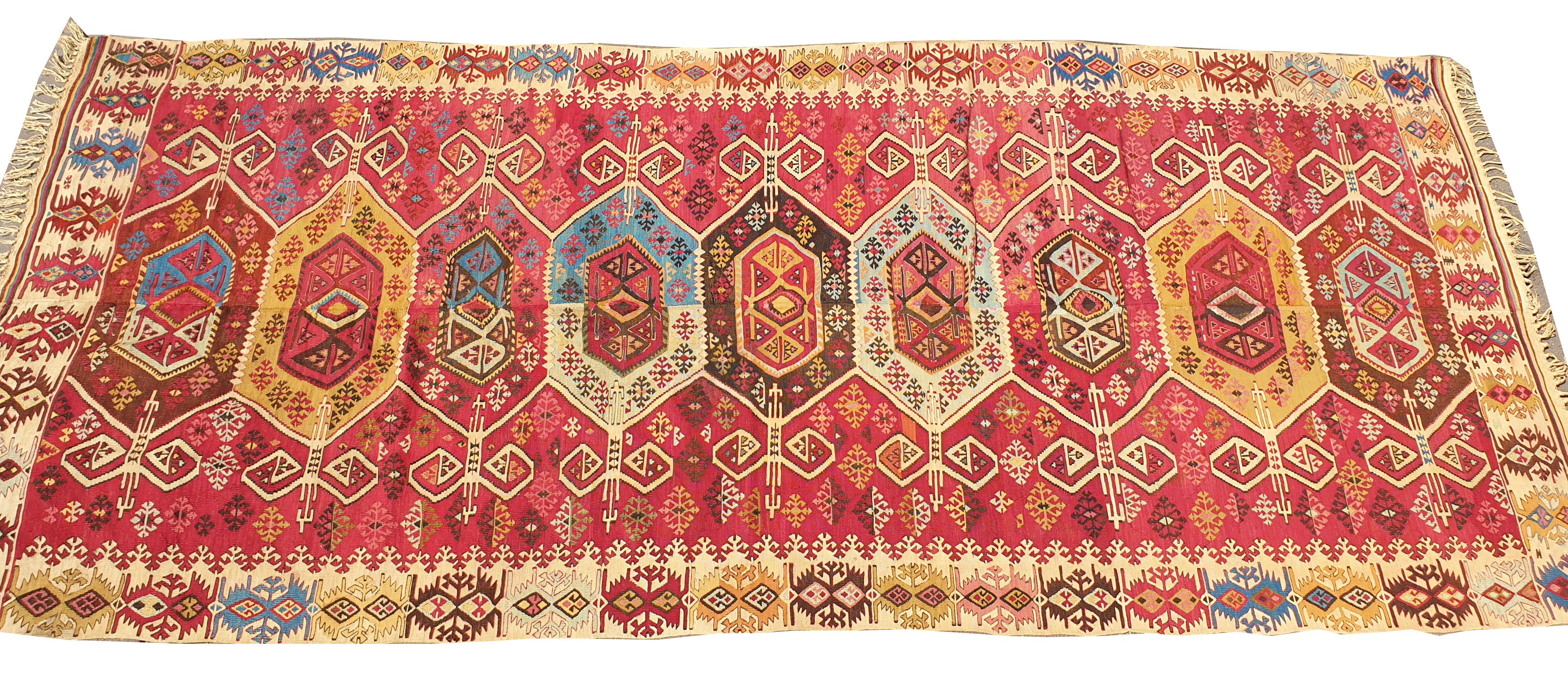 757 - Lovely mid-century Turkish flat rug or Kilim, with geometric design and pretty colors with red, pink, orange, yellow, blue and gray, completely hand-woven with wool on wool.
