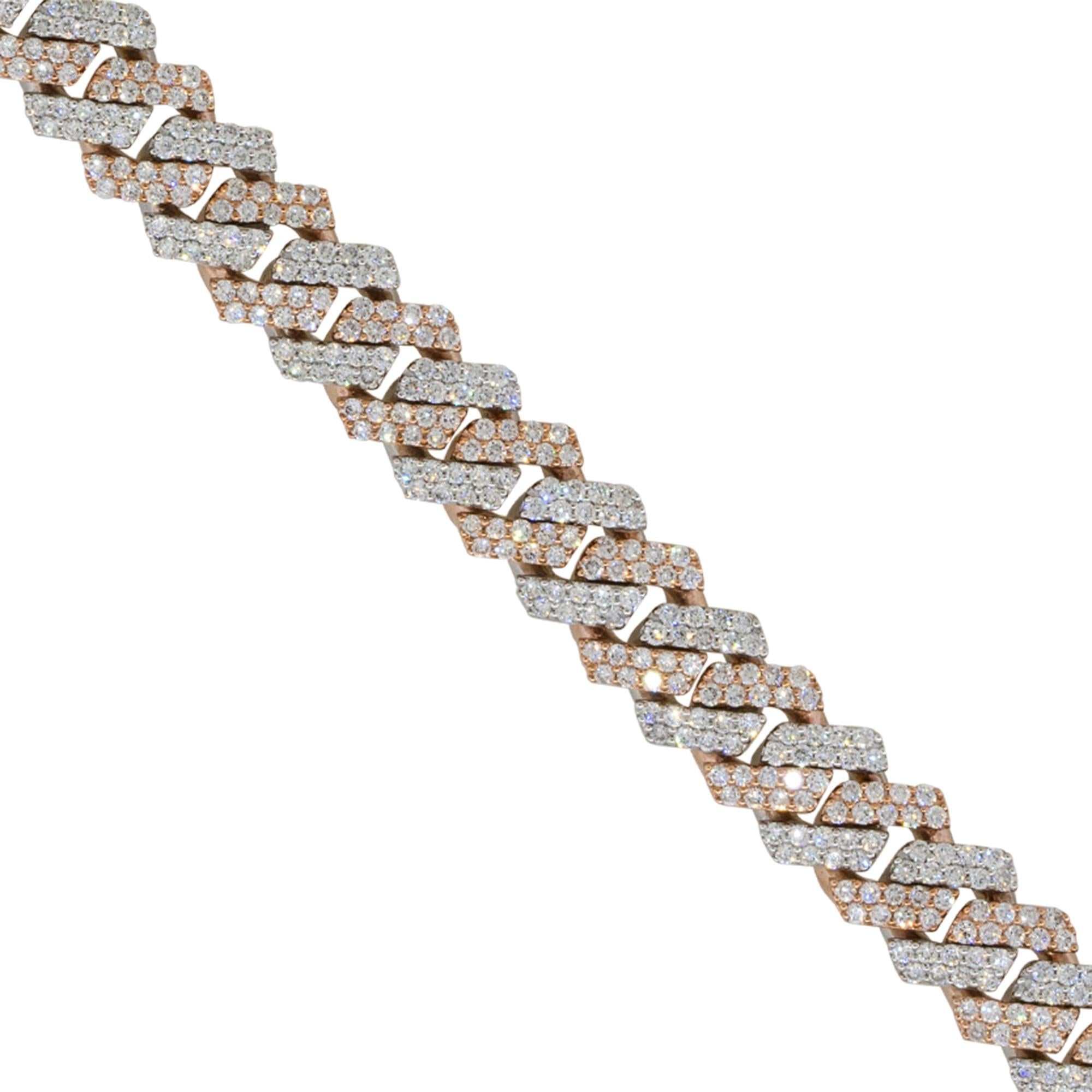 Material: 10k white gold, 10k rose gold
Diamond Details: Approx. 7.57ctw of round cut Diamonds. Diamonds are G/H in color and VS in clarity. 575 stones 
Clasp: Tongue in box with double safety latch
Measurements: measures 7