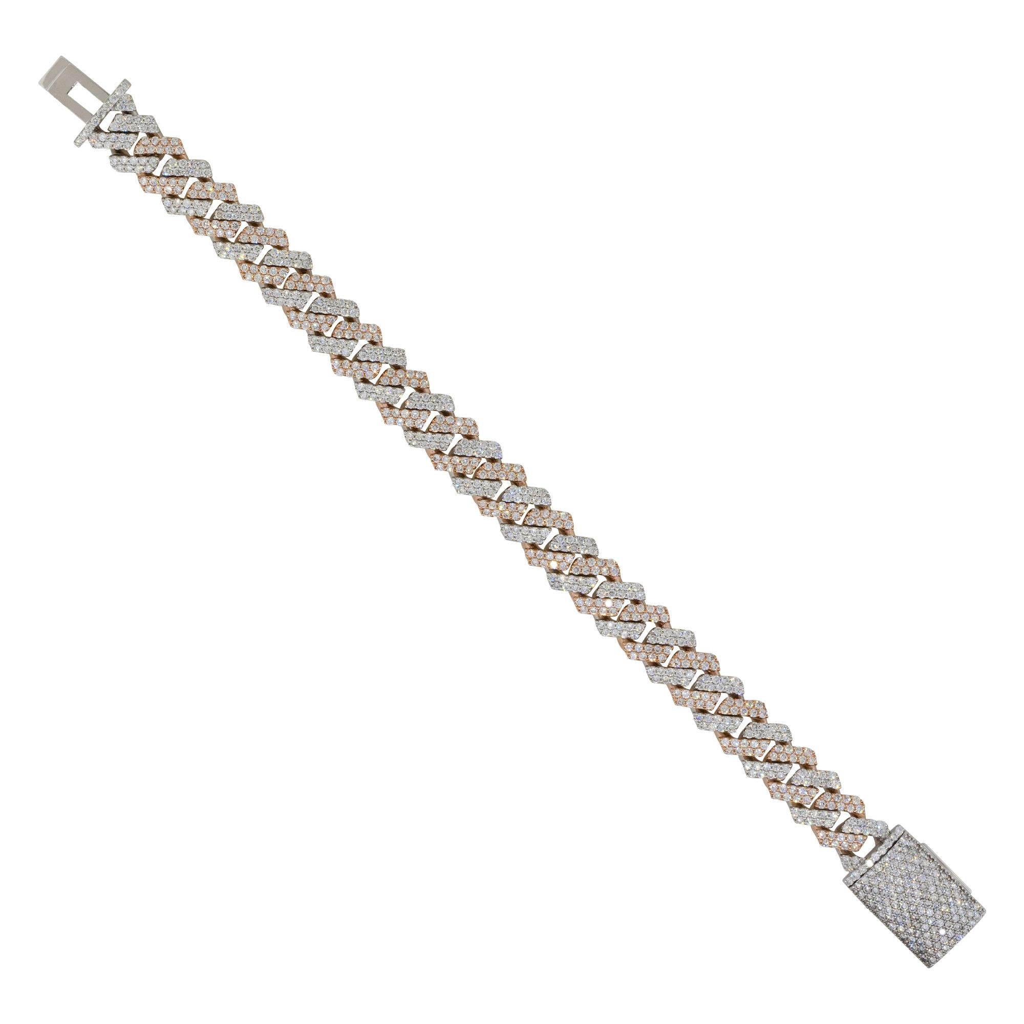 Taille ronde Bracelet à chaîne cubaine en or 10 carats avec pavé de diamants de 7,57 carats en vente