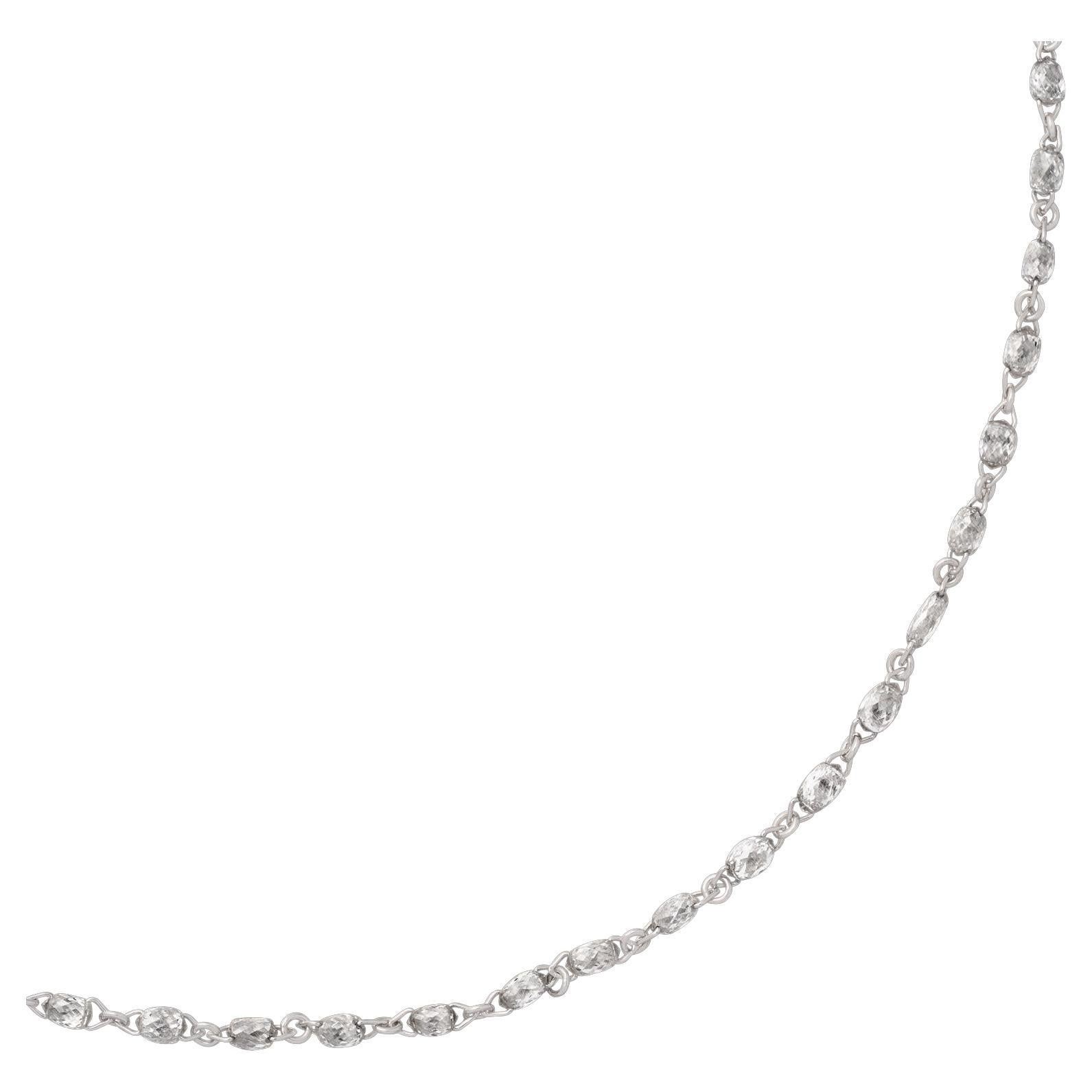 A contemporary twist on a classic design. This stunning 18 karat white gold diamond necklace features 84 expertly cut briolette diamonds weighing a total of 7.57 carats, perfectly strung and delivering maximum sparkle and brilliant averaging H/SI.