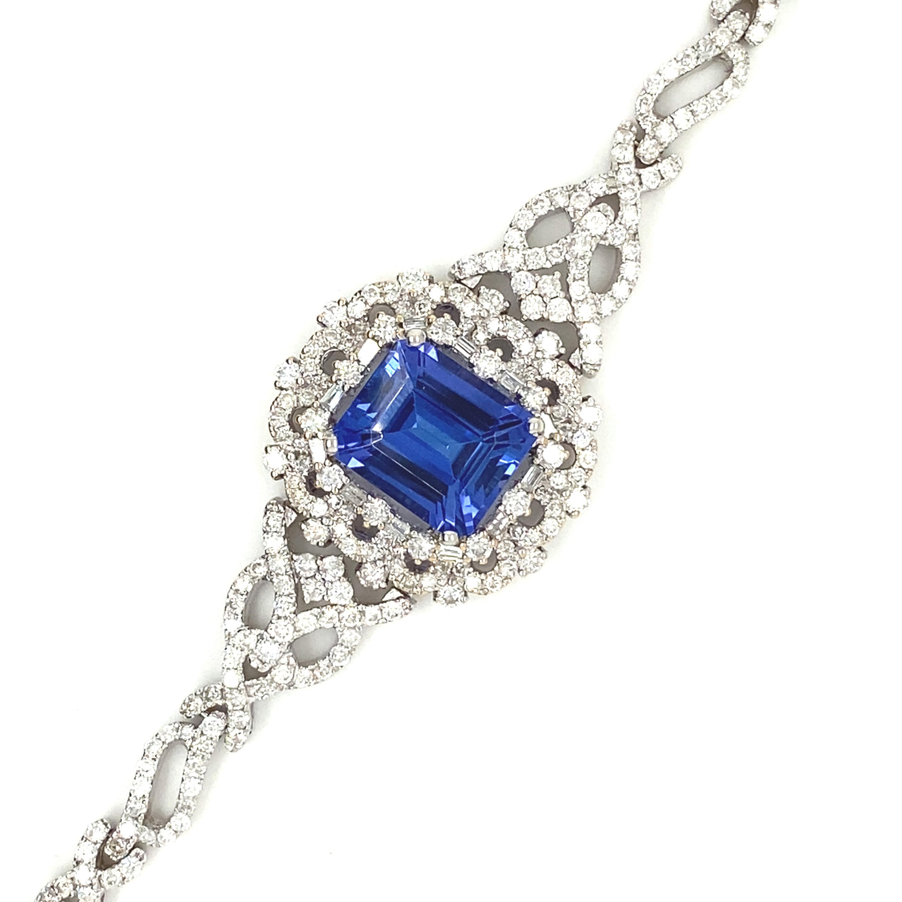 7.57 Carat Octagon Cut Tanzanite Diamond White Gold Bracelet For Sale 2
