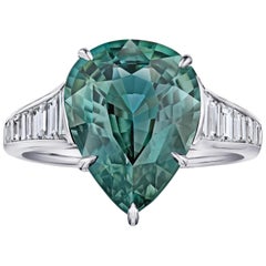 7.57 Carat Pear Shape Green Sapphire and Diamond Ring