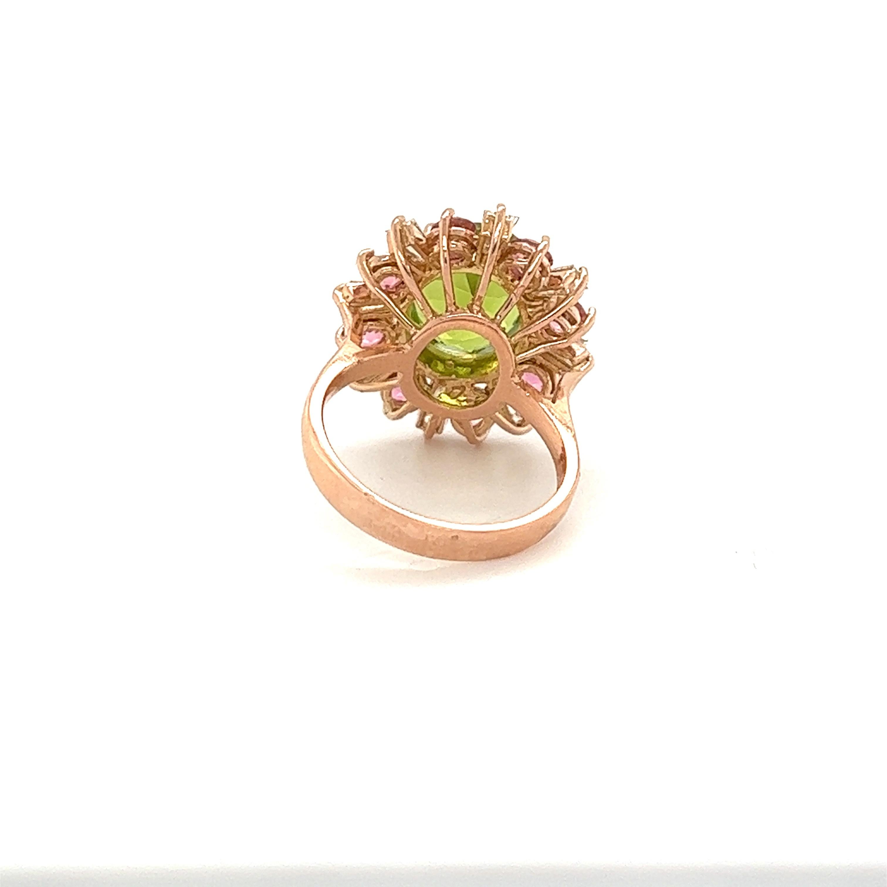 Oval Cut 7.57 Carat Peridot Tourmaline Diamond 14 Karat Yellow Gold Cocktail Ring