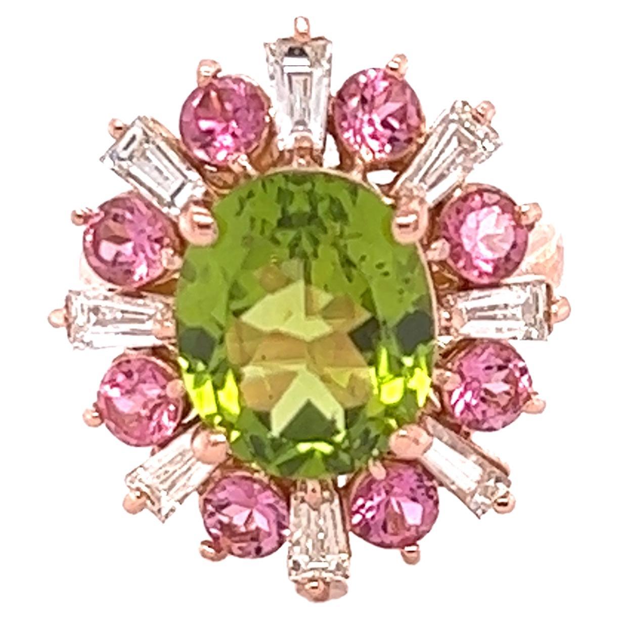 7.57 Carat Peridot Tourmaline Diamond 14 Karat Yellow Gold Cocktail Ring