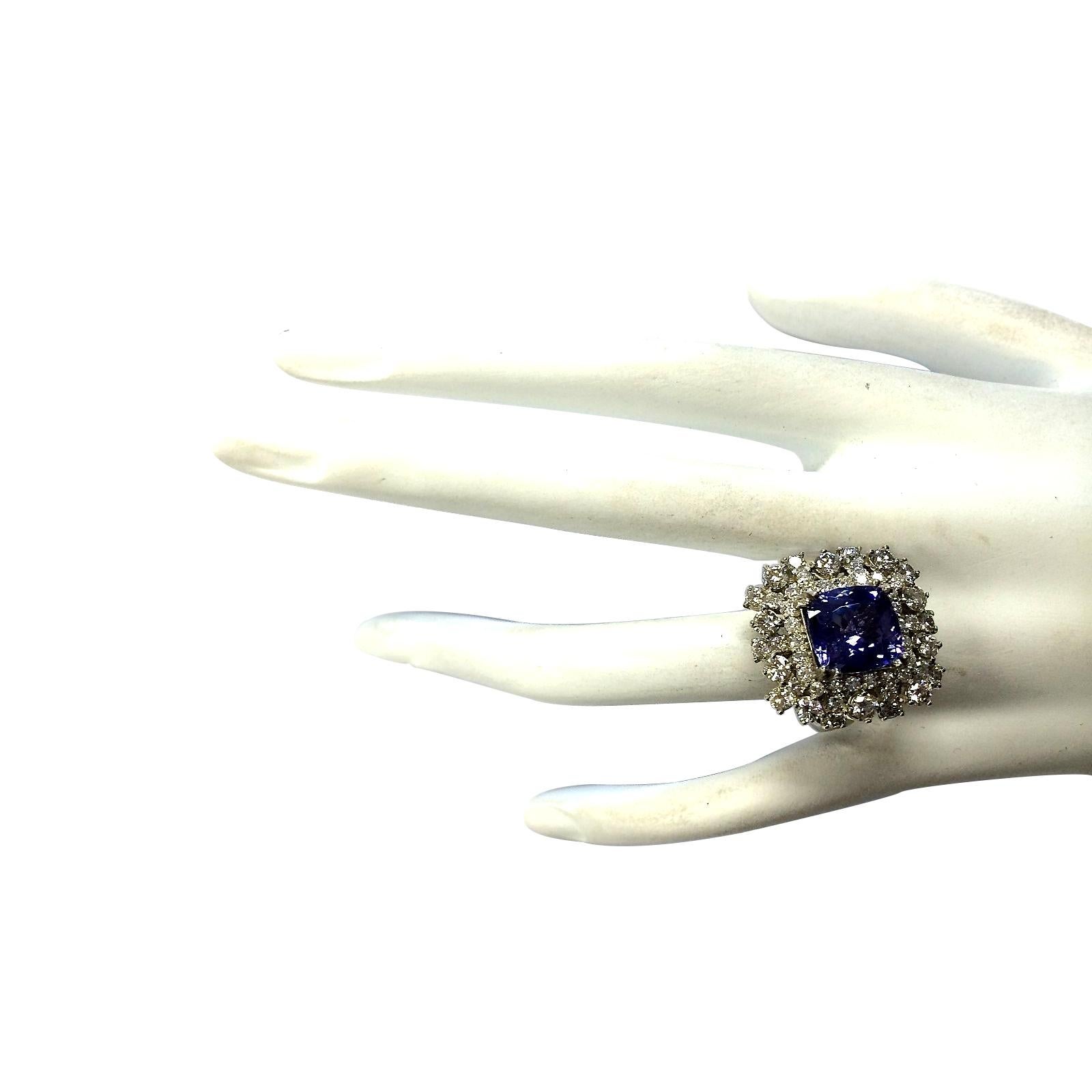 Cushion Cut Exquisite Tanzanite & Diamond Ring: 14K White Gold Elegance For Sale