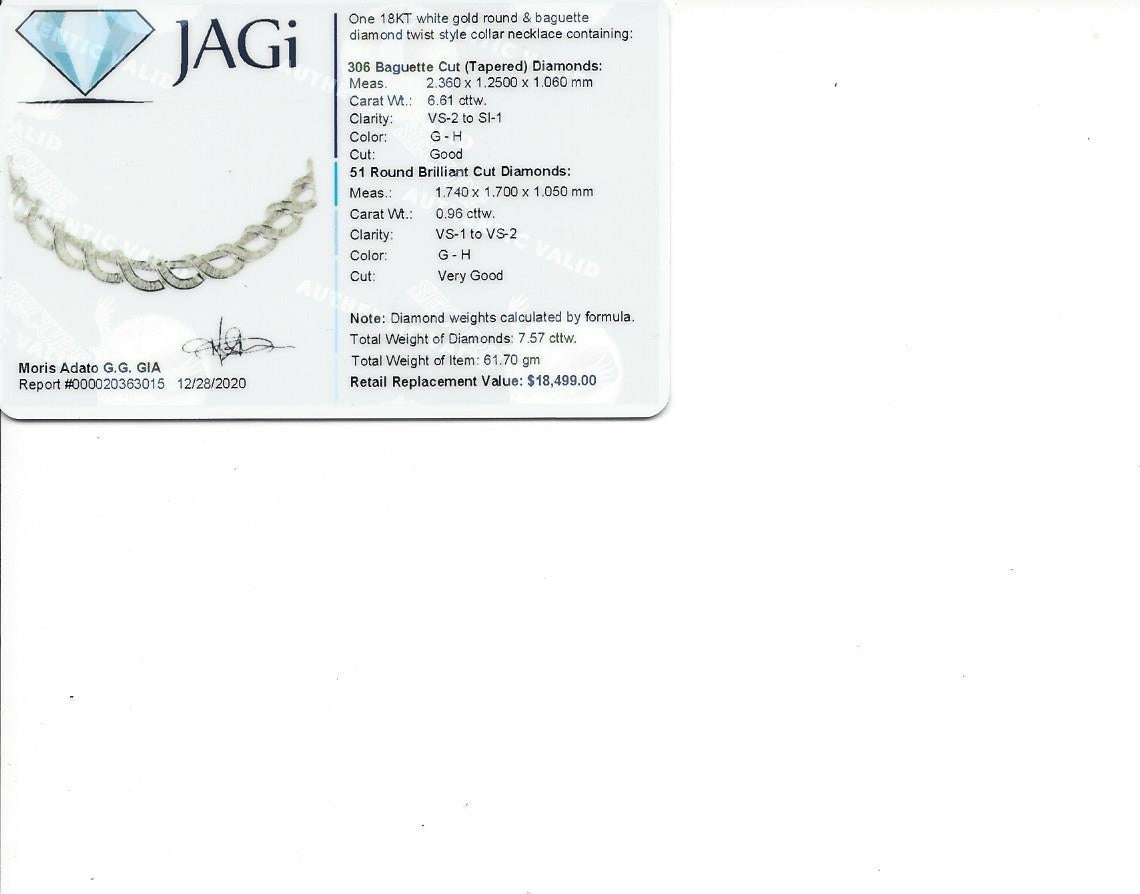 7.57 Carat Total Baguette and Round Diamond Collar Necklace 18 Karat White Gold 4