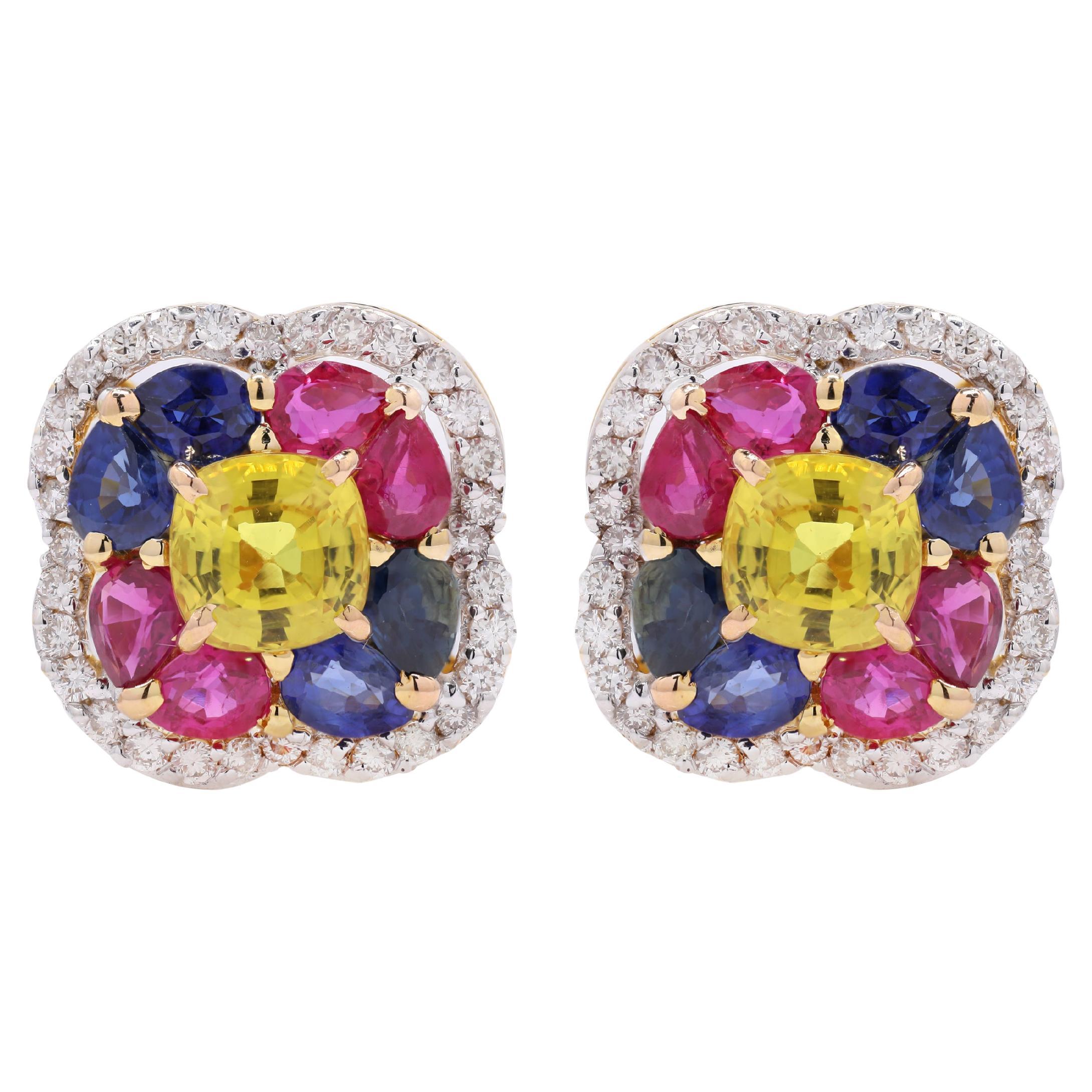 7.57 Ct Multi Sapphire 18K Yellow Gold Stud Earrings with Diamonds For Sale