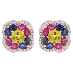 7.57 Ct Multi Sapphire 18K Yellow Gold Stud Earrings with Diamonds