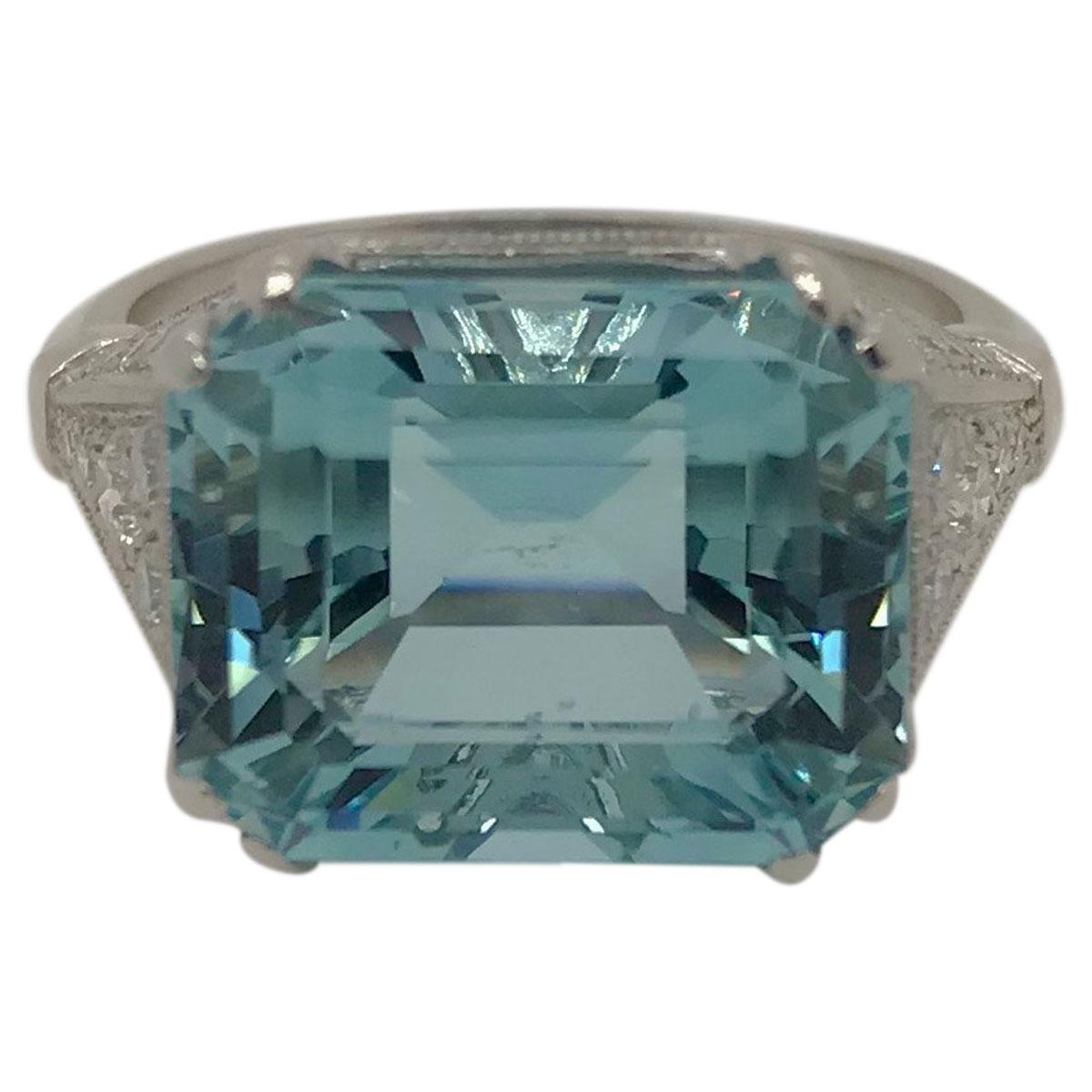 Art Deco 7.57ct Aquamarine & Diamond Platinum French Dress Ring 