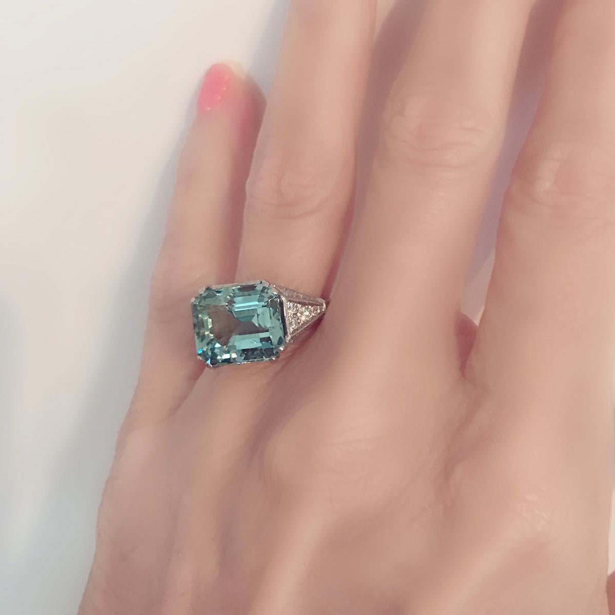 Emerald Cut 7.57ct Aquamarine & Diamond Platinum French Dress Ring 