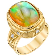 7.58 ct. Opal and Diamond Yellow Gold Bezel Set, Engraved Handmade Band Ring