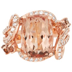7.58 Carat Cushion Cut Pink Morganite, Andeluzite, 
Diamond Ring 14 Karat Gold