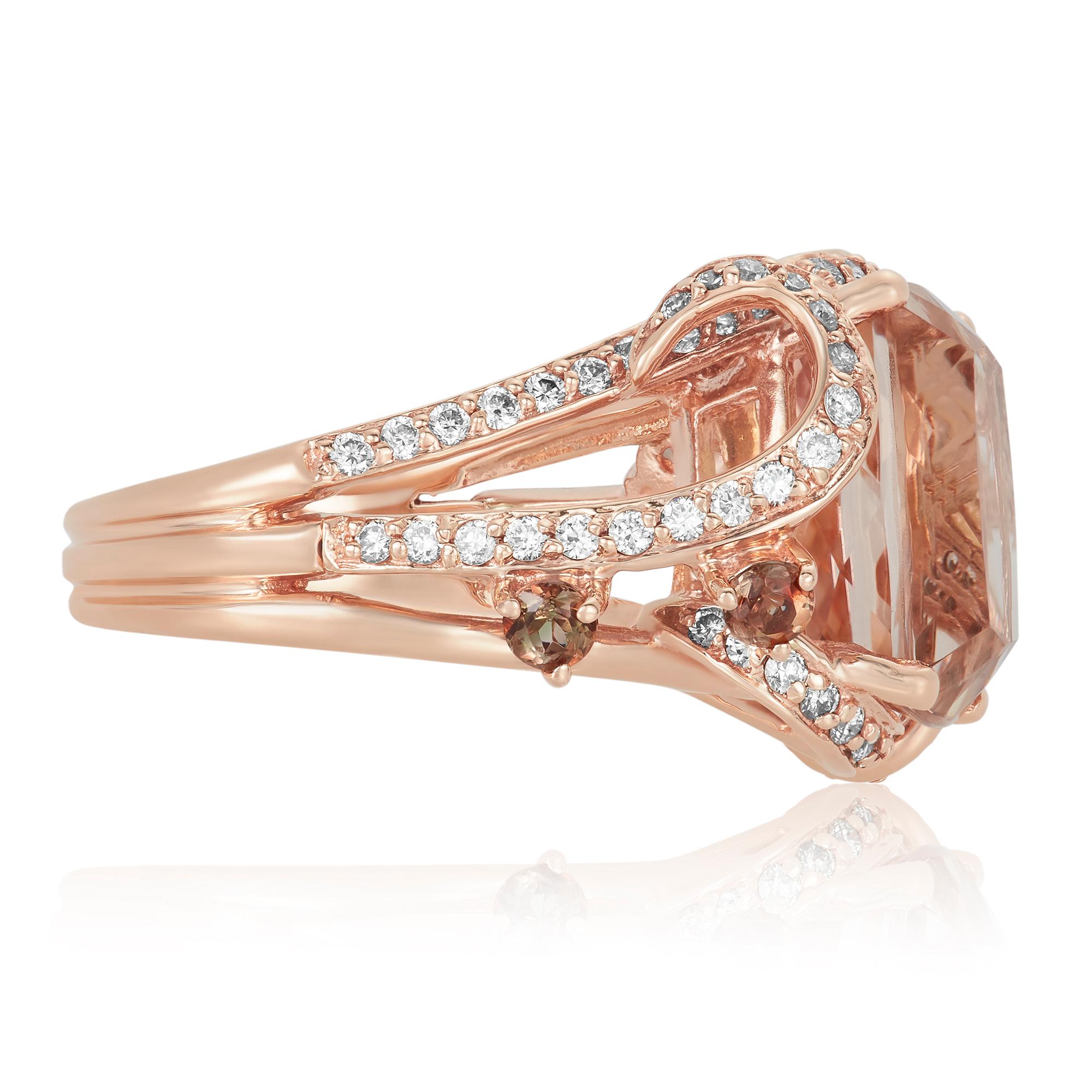 Metal: 14K Rose Gold
Center Stone: 1 Cushion Cut Pink Morganite at 7.58 ct - Measuring 10 x 14 mm 
Side Stones: 4 Round Andeluzite at 0.45 Carats
Diamond Details: 70 Brilliant Round White Diamonds at 0.80 Carats- Clarity: SI / Color H-I
Ring size: