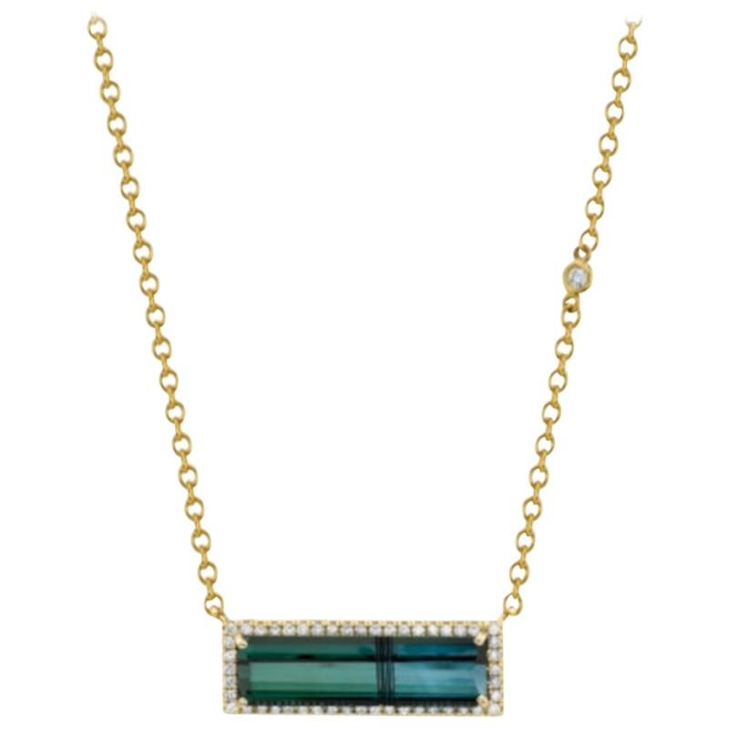 7.58 Carat Indicolite Tourmaline and Diamond Necklace in 18k Yellow Gold For Sale