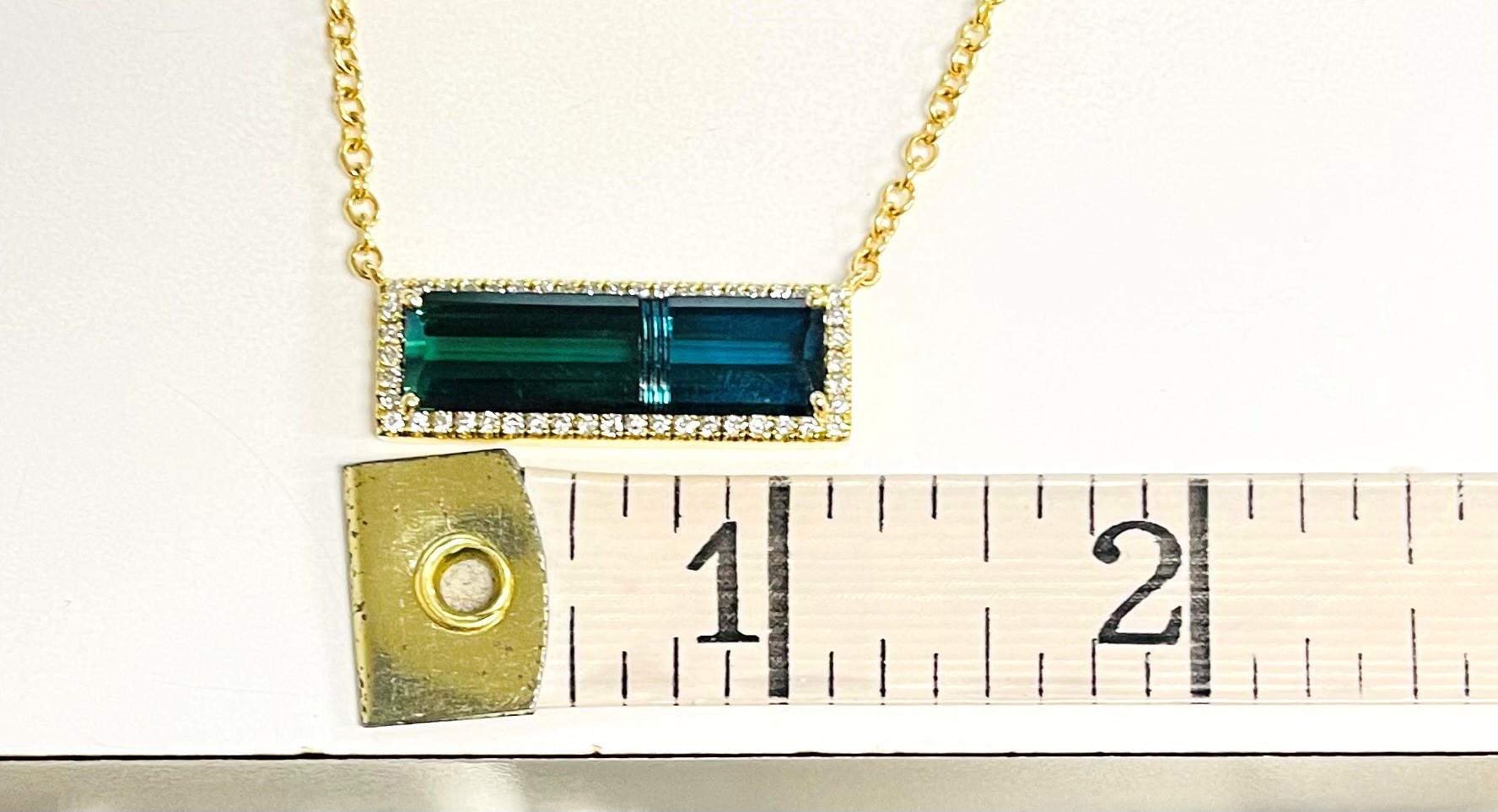 7.58 Carat Indicolite Tourmaline and Diamond Necklace in 18k Yellow Gold In New Condition For Sale In Los Angeles, CA